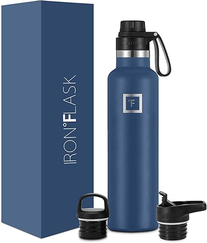 IRON FLASK - Botella de agua deportiva de 12 onzas, 16, 20, 24, 32, y 64 onzas, 3 tapas (tapa de boquilla), acero inoxidable aislado al vacío, frío,