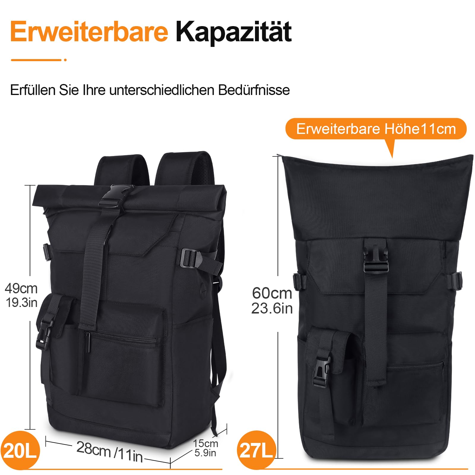 Rolltop plecak wodoszczelny, duży plecak dla mężczyzn i kobiet, Plecak zwijany z kieszenią na laptopa o przekątnej ekranu 17,3", plecak podróżny, plecak turystyczny, do pracy(Czarny) (czarny)