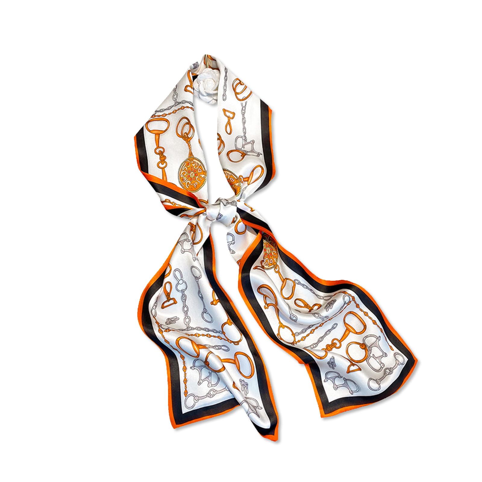 Lumisyne Women's Orange Chain Skinny Silk Scarf Narrow Long Neckerchief Geometric Pattern Classic Retro Style Lightweight Scarves Decorative Neck Scarf Headdress Hairband Bandanas
