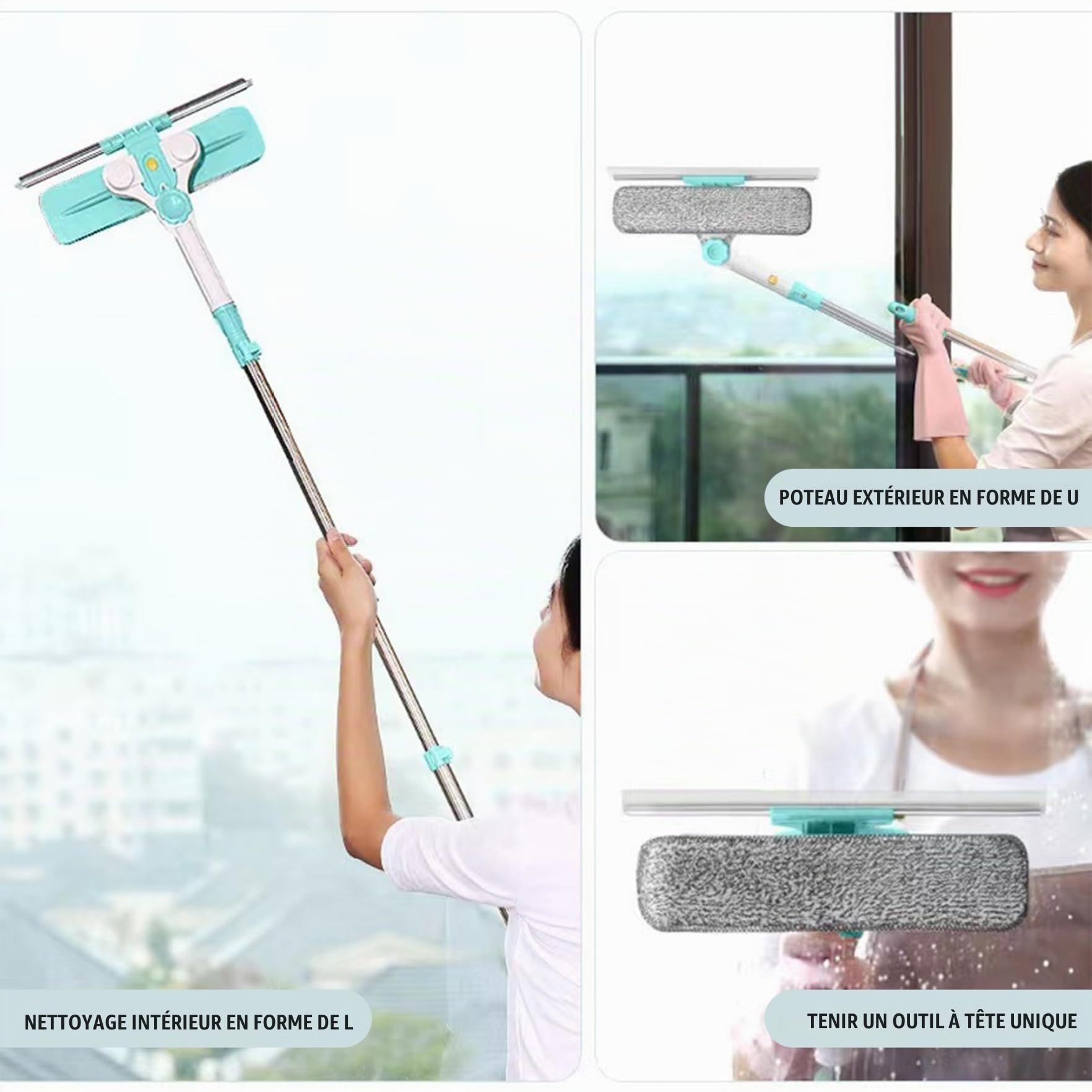 Nettoyeur de vitres extérieur en Forme de U télescopique sûr Double Face nettoyant pour vitres Deux en Un pour Les miroirs Plancher Haut raclette Portes.