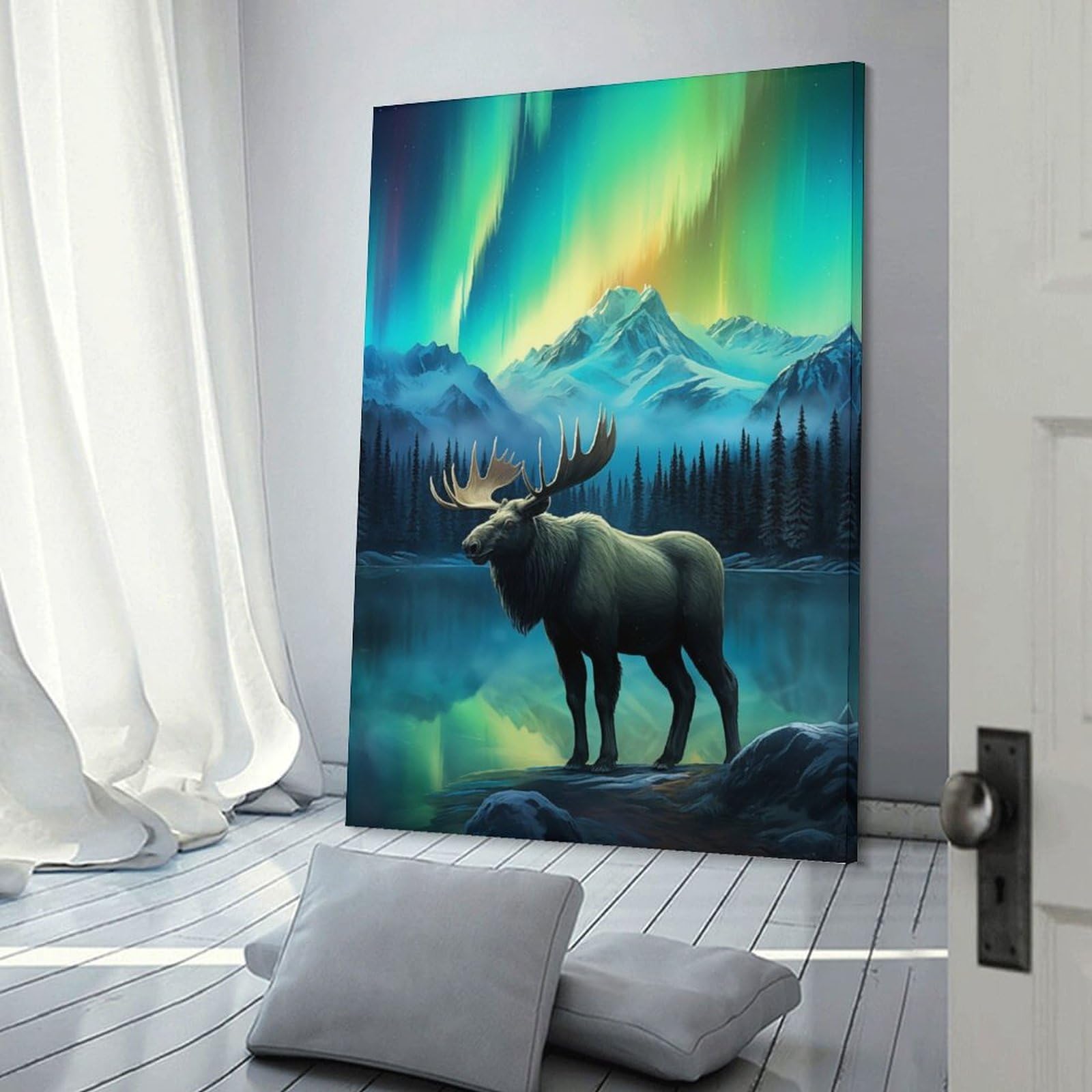 Junmoney Aurora Stag Deer Northern Canvas Wall Picture, 24x36inch(60x90cm), for Study, Office Or Apartment Decor, A Wall Art Gift for Fresh Interiors