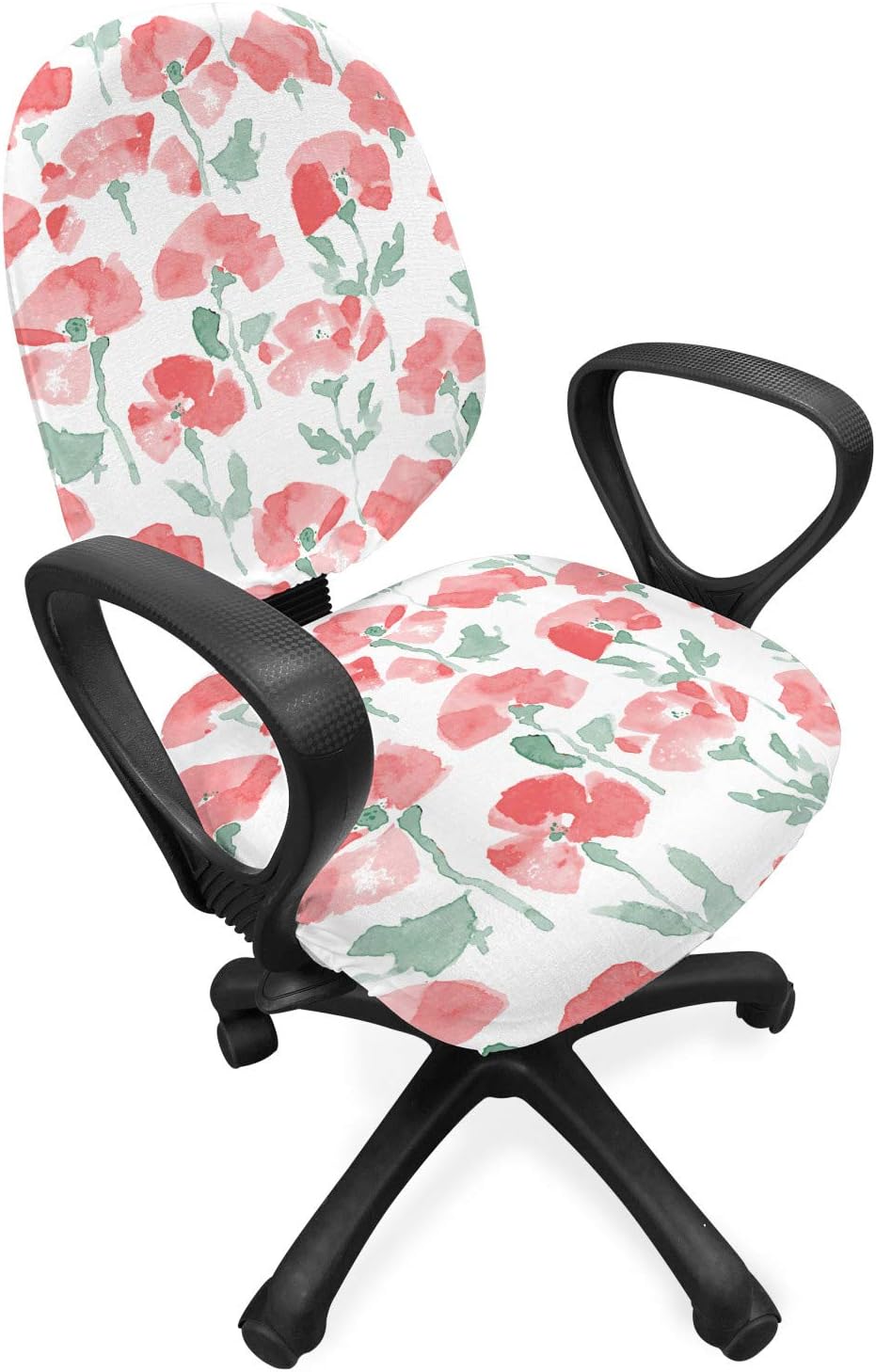 Ambesonne Poppy Flower Office Chair Slipcover, Watercolor Art Pattern Inspired by Spring Nature Blossoming, Protective Stretch Decorative Fabric Cover, Standard Size, Green Coral