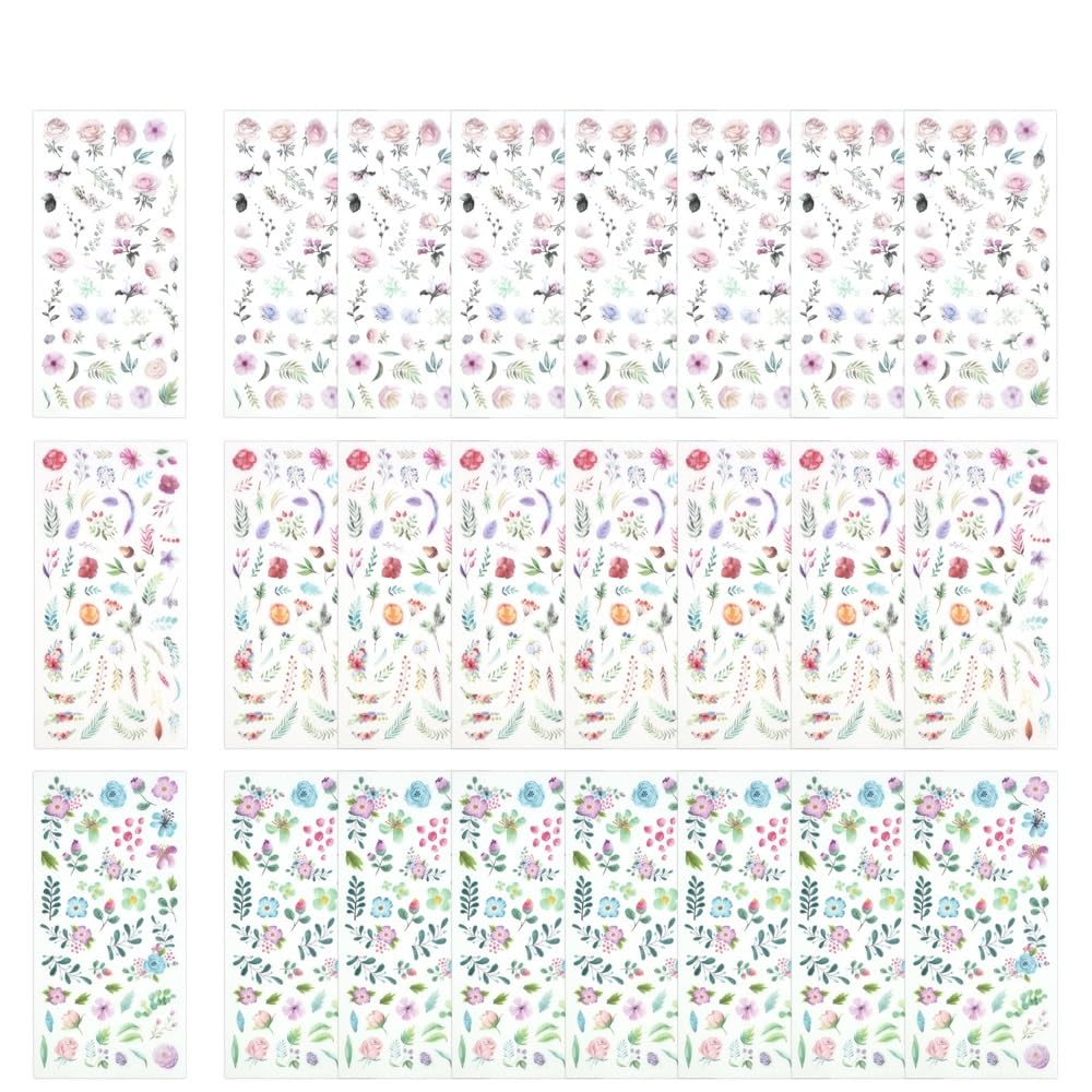ZACUDA Pegatinas de Flores para Scrapbooking, 24 Hojas de Pegatinas Decorativas de Flores Pequeñas Pegatinas para Álbum de Recortes de Flores para Decorar Ordenador Móvil Cuaderno Botella Manualidades