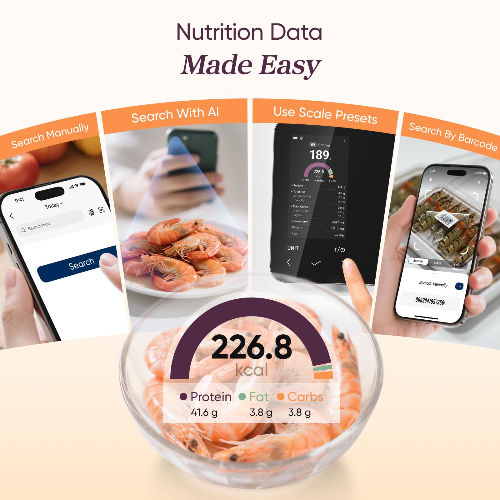 COSORI Bilancia da cucina intelligente Nutrilens, scala di conteggio delle calorie premium, scansione AI tramite app gratuita, traccia 19 nutrienti, informazioni sui nutrienti sullo schermo, USB-C