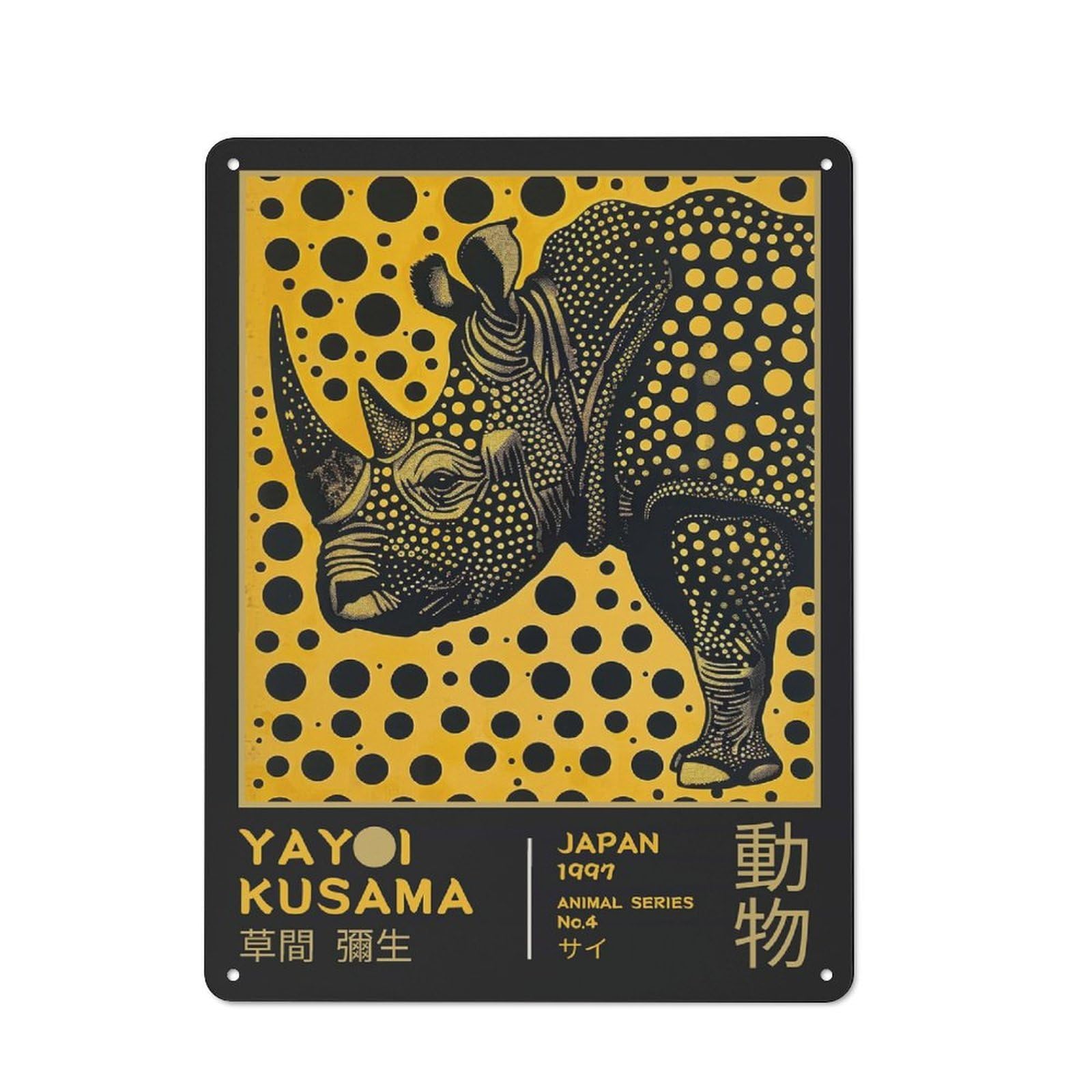 Junmoney Style-20 Workshop Style Yayoi Kusama Rhino No.4 Exhibition Print Tin Sign 40X30cm, Industrial Wall Art For Garage, Hobby Room, Office Or Man Cave