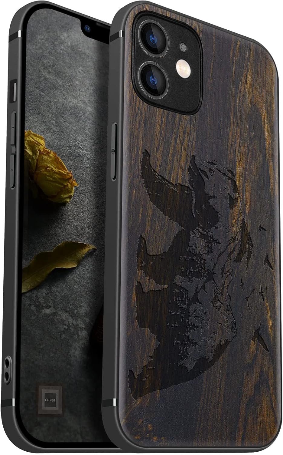 Carveit Magnetic Wood Case for iPhone 12 Case [Natural Wood & Black Soft TPU] Shockproof Protective Unique & Classy Wooden Cover Compatible with MagSafe (Bear -Blackwood)