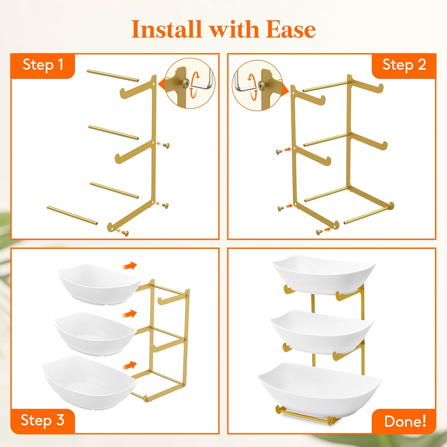 Lifewit Plastic Fruit Bowl for Kitchen Counter, 3 Tier Fruit Basket with Gold Metal Stand, Tiered Fruit Holder for Countertop Serving Tray for Vegetable/Dessert in Party 28 x 21 x 35cm/11 x 8.4 x 14