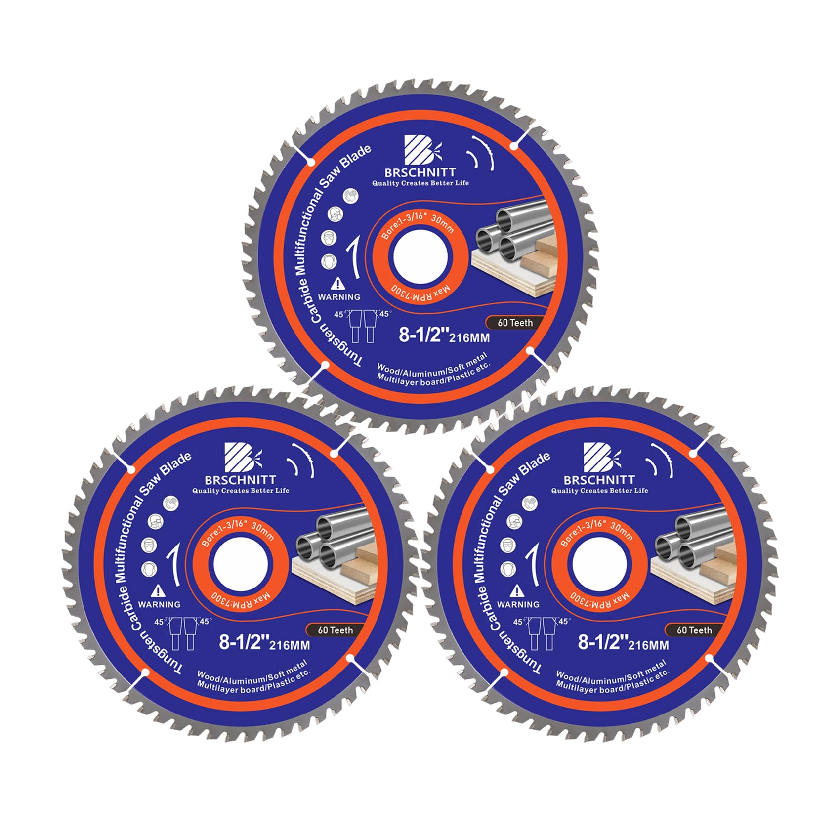 BRSCHNITT Circular Saw Blade 8-1/2 in 60T with 30mm Arbor, Carbide Tipped Teeth, TCT Saw Blades for Cutting Various Wood, Aluminium,Copper,and Composite Materials(3pcs)