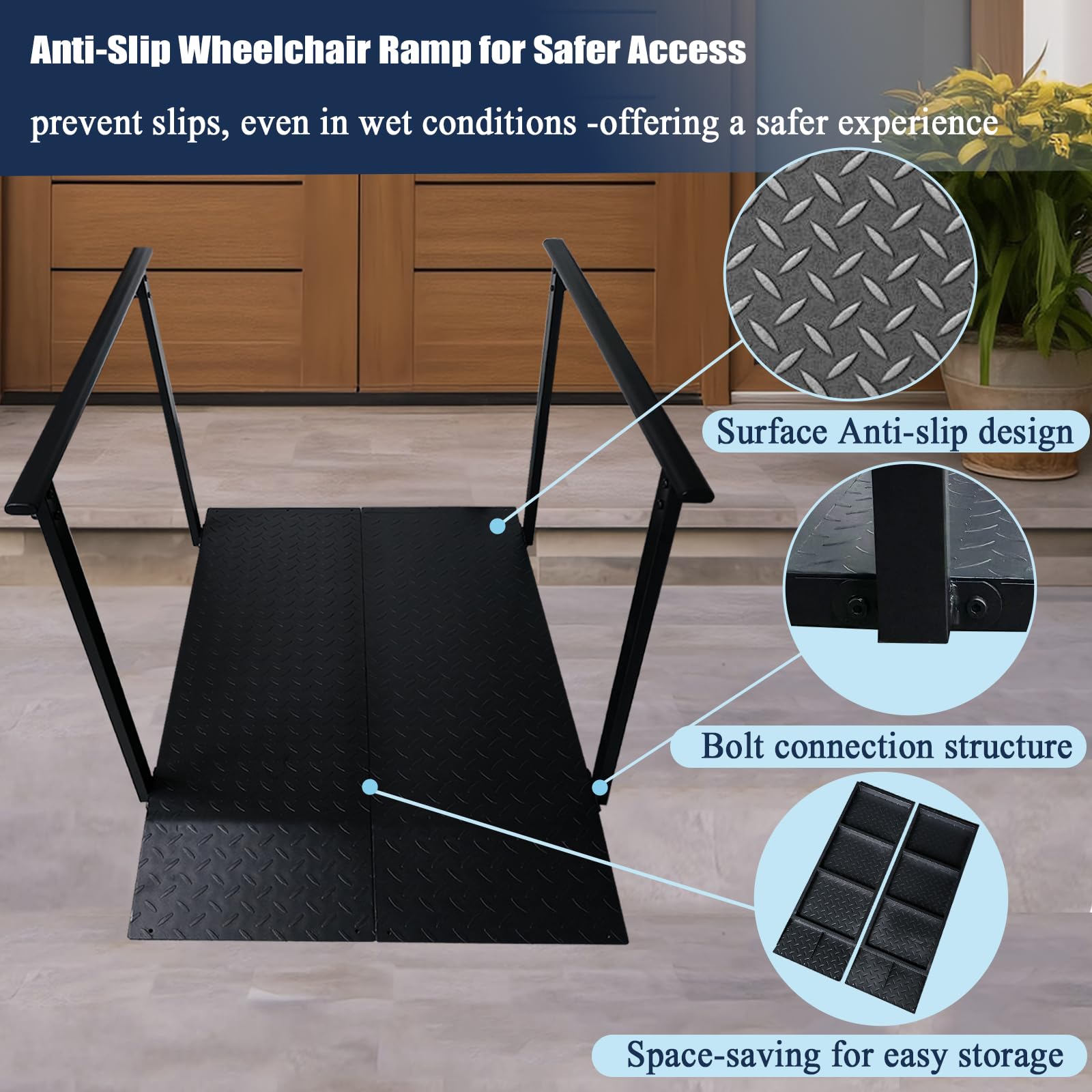 Rampa per Sedia a Rotelle con Corrimano 150 cm – Pedana Antiscivolo per Disabili e Anziani, Portata 450 kg, Ideale per Gradini, Soglie e Marciapiedi, Heavy Duty – Nero (150CM)