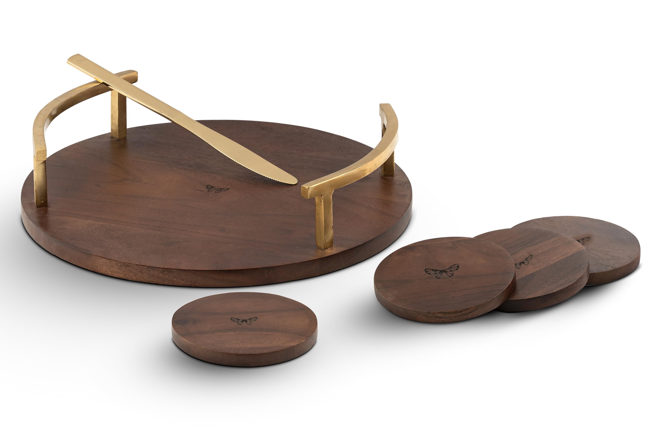 Melvvi Wooden Cupcake Stand | Acacia Wood 2 in 1 Cupcake Stand & Serving Tray | Serving Trays for Kitchen and Home | with 4 Coasters & 1 Knife | Gift for Fathers