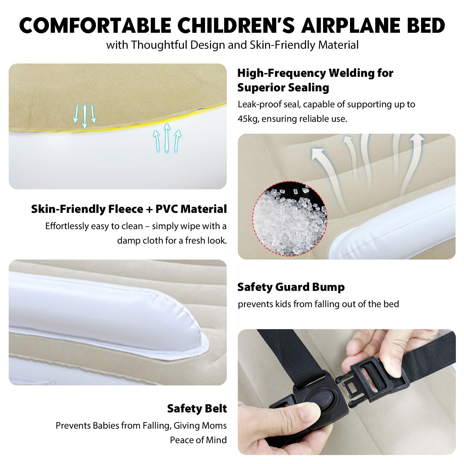 Lettino per aeroplano per bambini, lettino da viaggio gonfiabile per aeroplano, lettino per bambini con pompa ad aria, letto portatile con lati alti, estensione per sedile aereo e auto