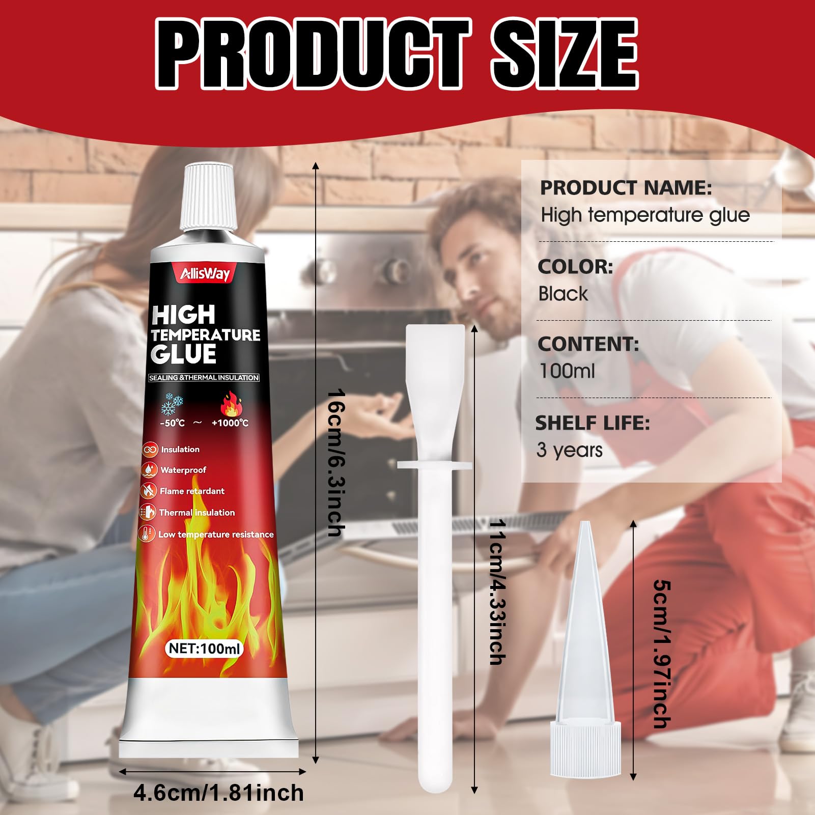 Colla refrattaria, colla ad alta temperatura, silicone ad alta temperatura, adatta per forni e caminetti, resistente alle intemperie e impermeabilizzazione perfetta, 100 ml, nero