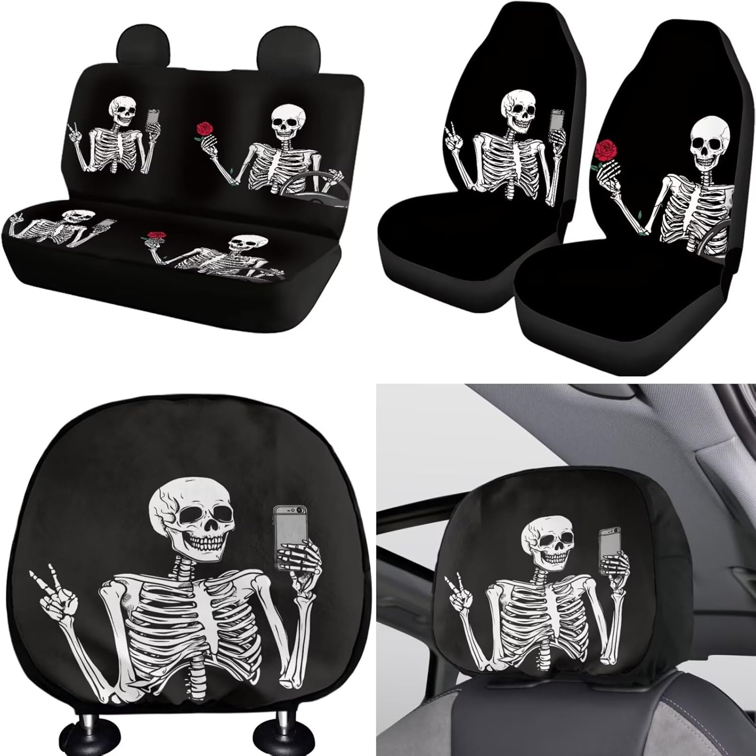 Funny Skull Car Seat Covers Full Set with Cup Coasters for Women Stretch Steering Wheel Cover Universal Vehicle Accessories Handbrake Cover Gear Shift Cover Headrest Protector