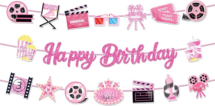 3Pcs Pink Movie Night Theme Happy Birthday Banner, Movie Signs Garland Theater Director Theme Birthday Party Decor for Birthday Party Supplies Film Backdrop