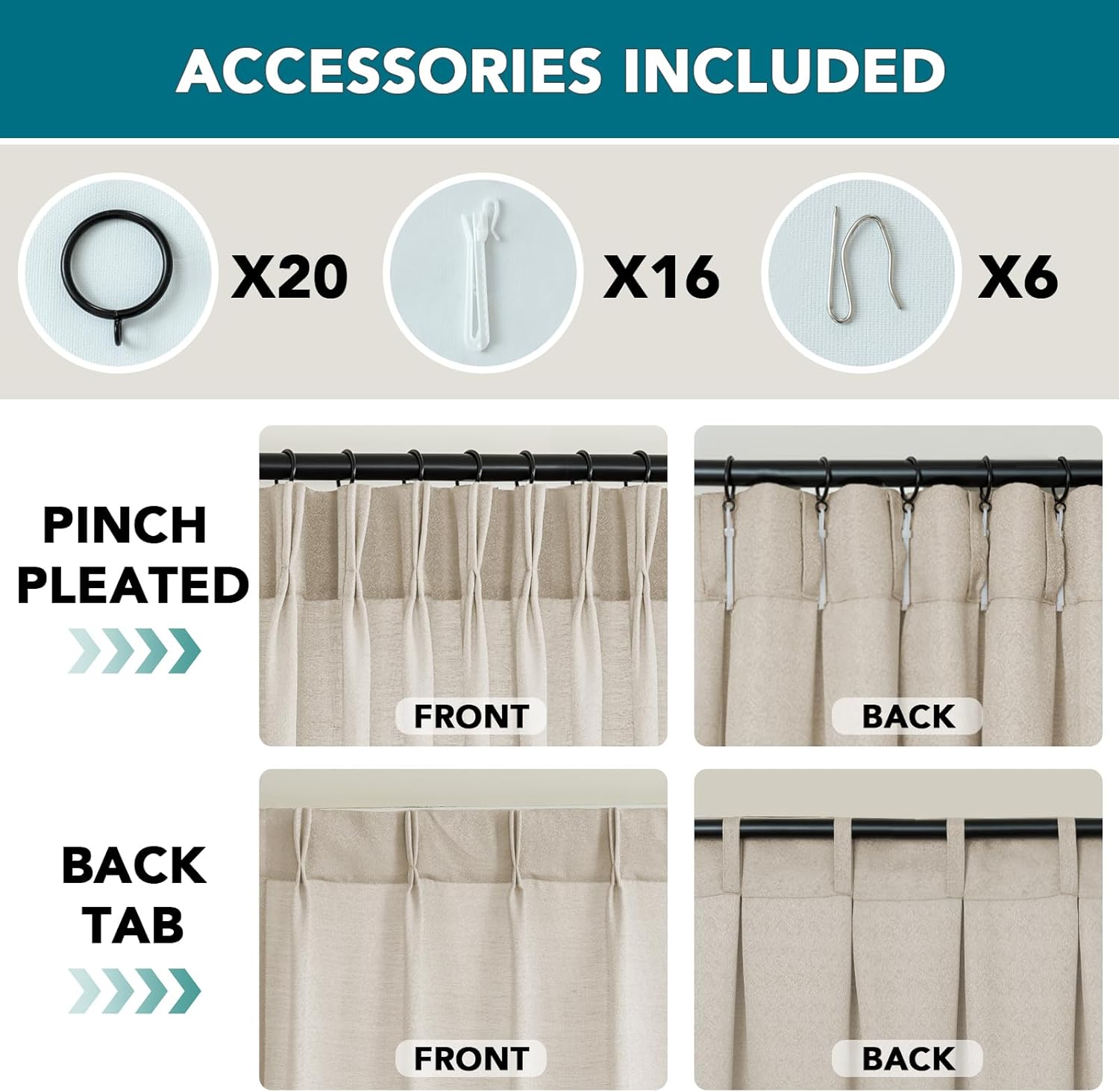 102 Inch Long Curtains Pinch Pleat Linen Curtains for Living Room Bedroom 2 Panels Memory Trained Medium Weight Light Filtering Polished Look Drapes with Hooks & Rings Farmhouse Drapes, Angora