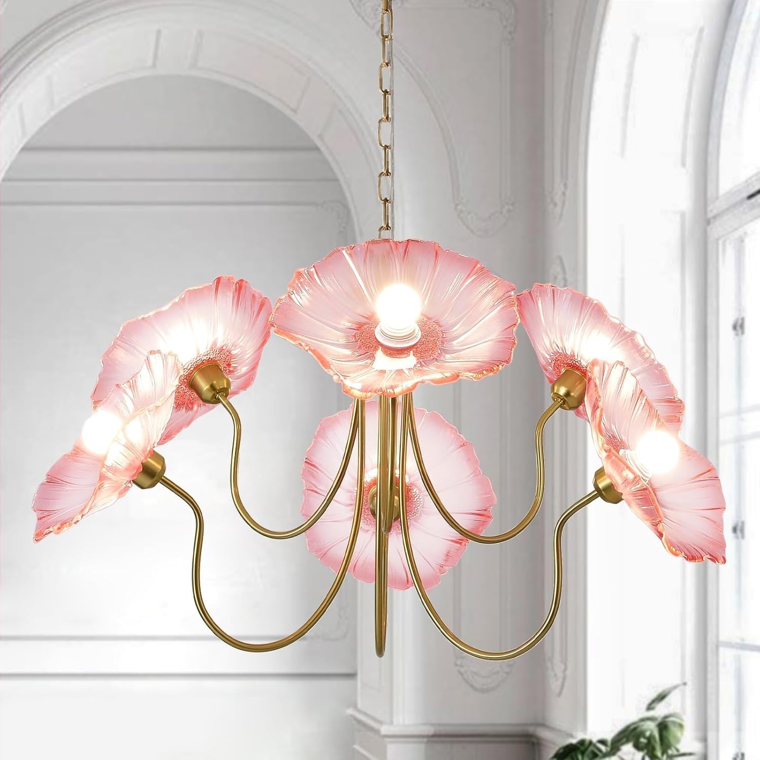 Stesulfr Vintage Floral Glass Chandelier 6-Light Large Pendant Light with Green Flower Shades Gold Brass Chandelier Hanging Ceiling Light Fixture Dining Room Kitchen Island Living Room Bedroom(Pink)