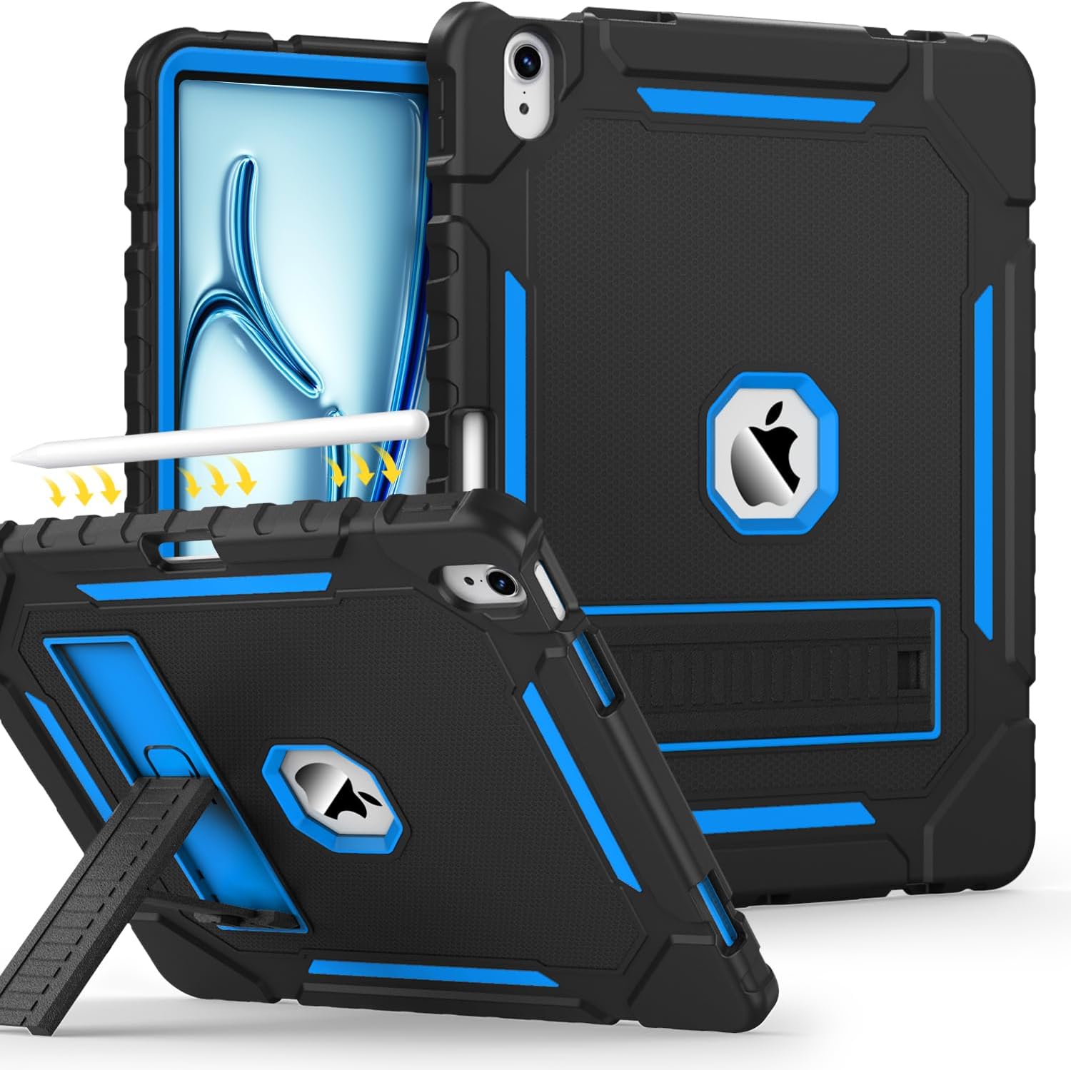 Grifobes Case for iPad Air 13-inch (M3/M2) 2025/2024, Heavy Duty Shockproof Rugged Protective Cover with Pencil Holder/Built-in Stand for i Pad Air 13" (Black+Sky Blue) for iPad Air 13" Black / Sky Blue
