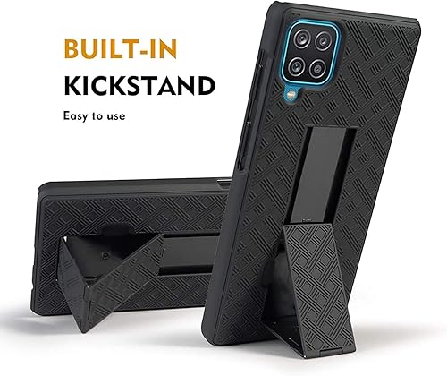 Miniatura 6 de Para Samsung Galaxy A12, con carcasa combinada de vidrio templado y funda delgada con soporte incorporado + clip giratorio para cinturón para Galaxy