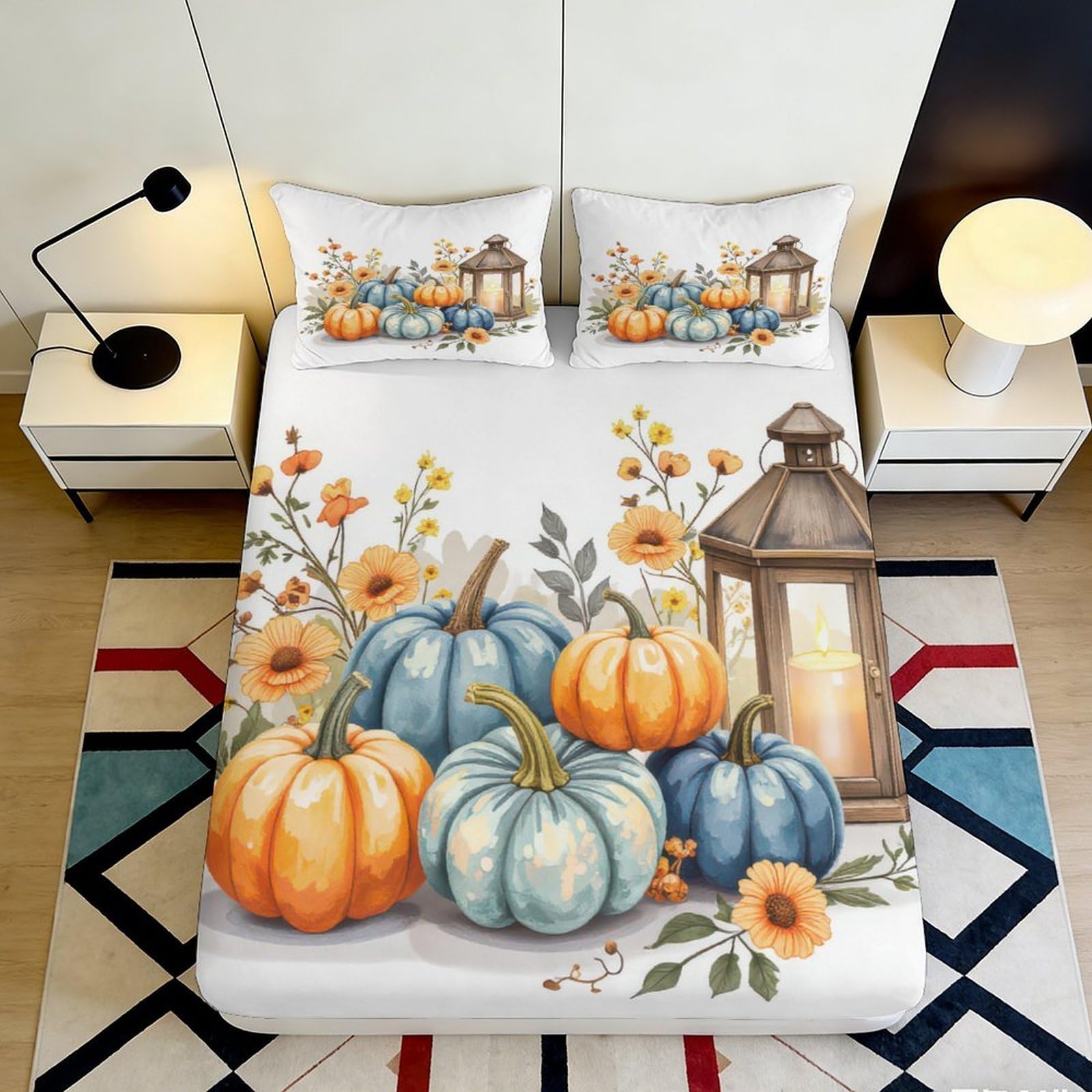 3D Printed Pumpkin Lantern Fitted Sheet Microfiber Autumn Floral Bed Sheet for Bedroom Guest Room Decor 90x200x25cm