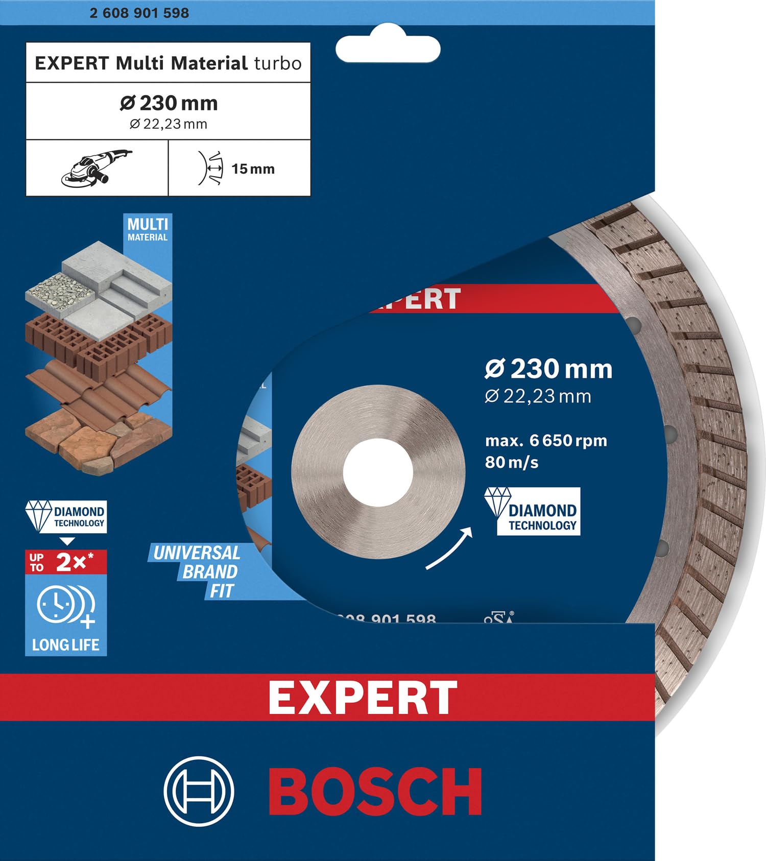 Bosch Accessories Bosch Accessories Bosch Professional 1x EXPERT MultiMaterial Turbo Diamanttrennscheiben (für Beton, Ziegelstein, Ø 230 mm, Zubehör Großer Winkelschleifer)