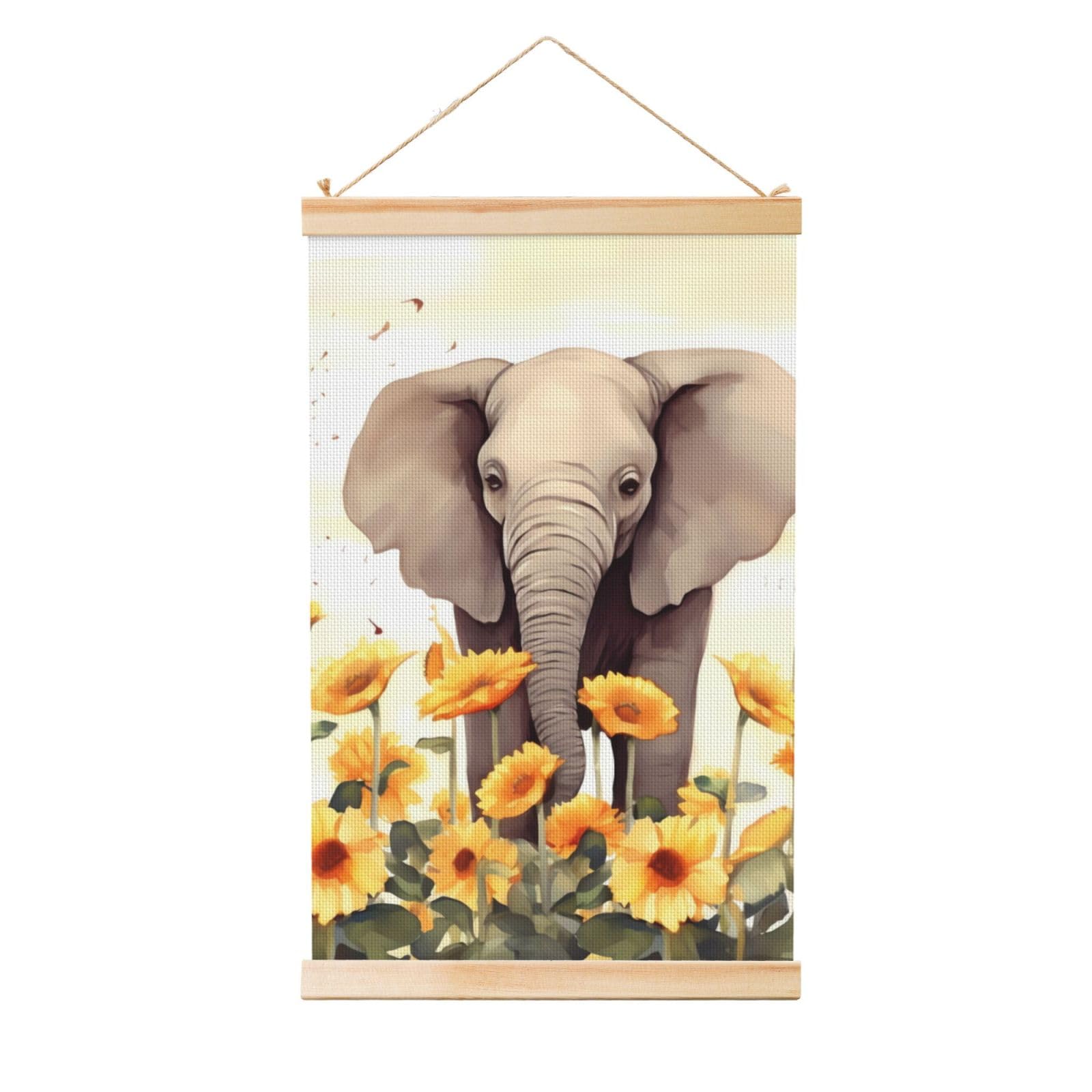 Elephant and Sunflower Posters Wooden Shaft Hanging Poster Canvas Prints Scroll Wall Art Painting Vintage Wall Banner Modern Artwork Decor for Home Decor Ready to Hang 12"x18"