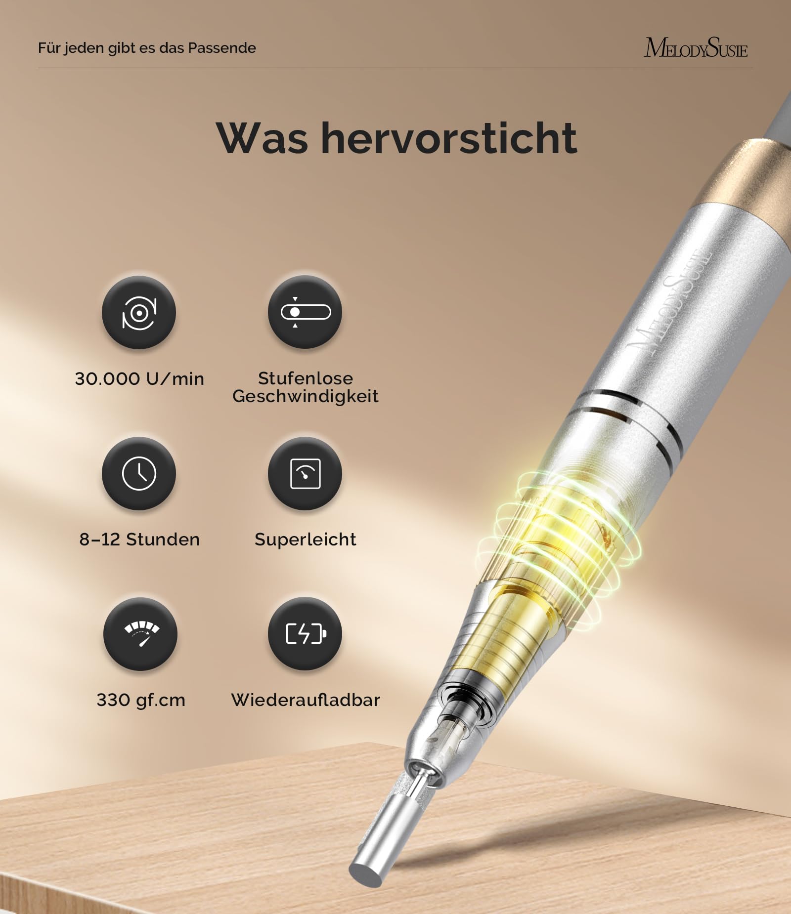 MelodySusie SC330G 2-in-1 Nagelfräser für Clip-on- und Tischgebrauch: Wiederaufladbare Professionelle Elektrische Nagelfeile mit LED-Anzeige, 30.000 U/min, für Acryl- & Gelnägel, für Salon (Weißgold)