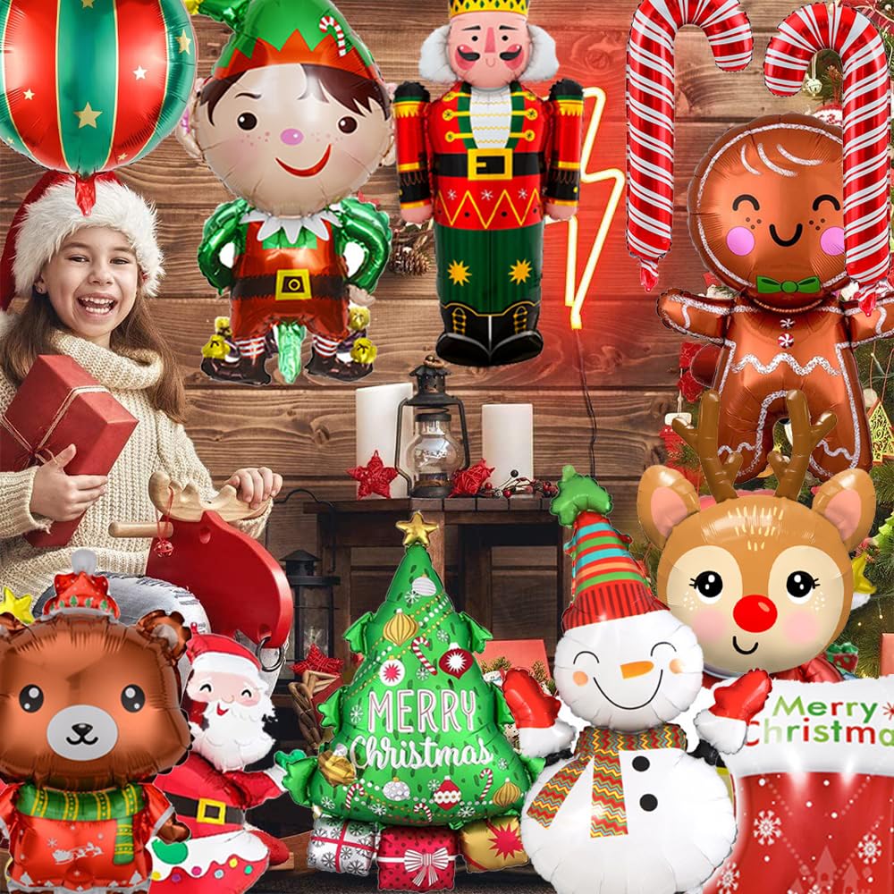 12 Pezzi Palloncini Natale di Grandi, Palloncini Foil Natalizi Decorativi, Palloncino Natalizio ad Elio, Palloncino Babbo Natale Omino di Pan di Zenzero Albero di Natalizio
