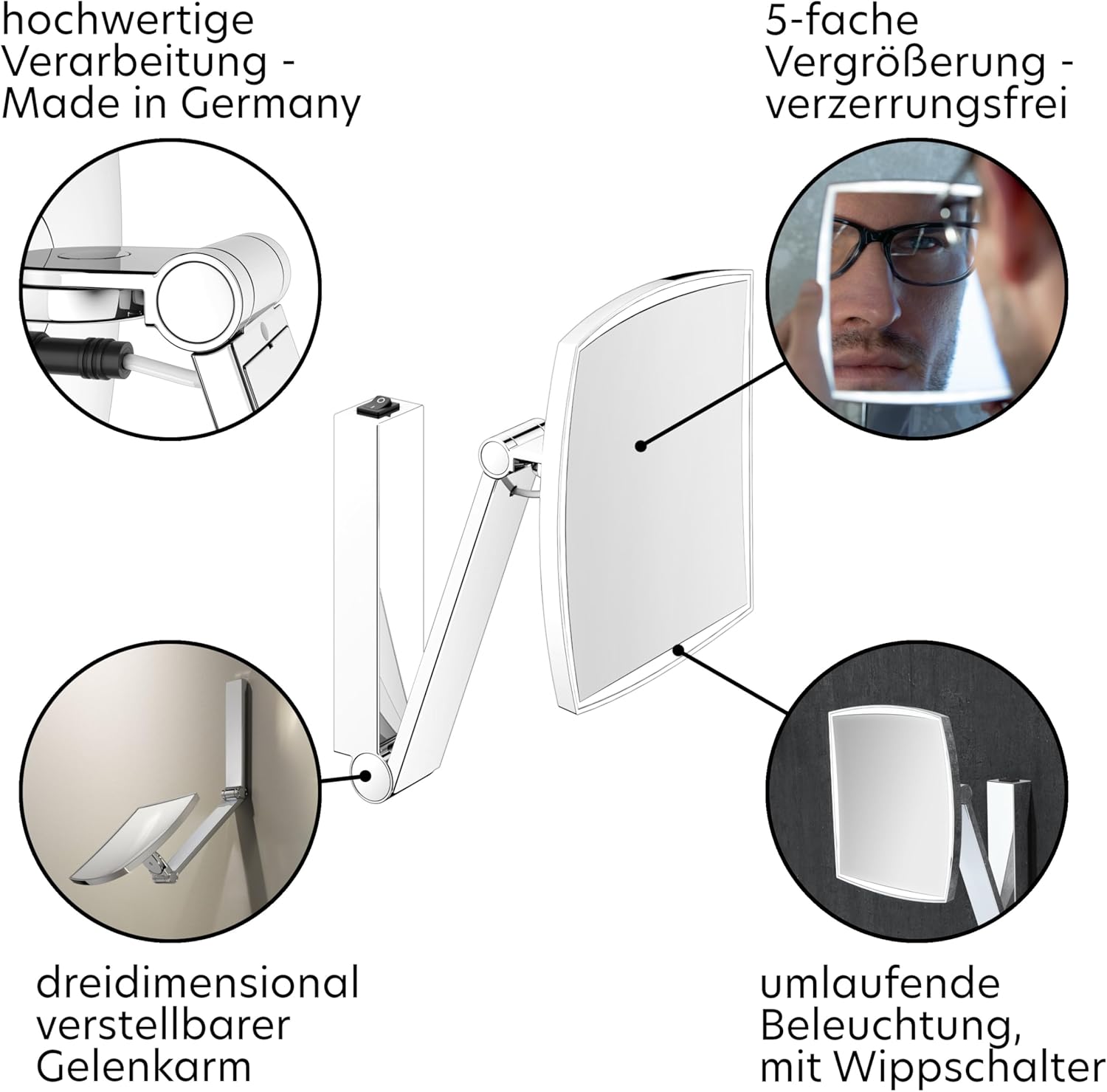 Keuco iLook_Move Wall Vanity Mirror with Swivel Arm LED Lighting 5x Magnification Rocker Switch 20 x 20 cm Square Chrome Rocker Switch