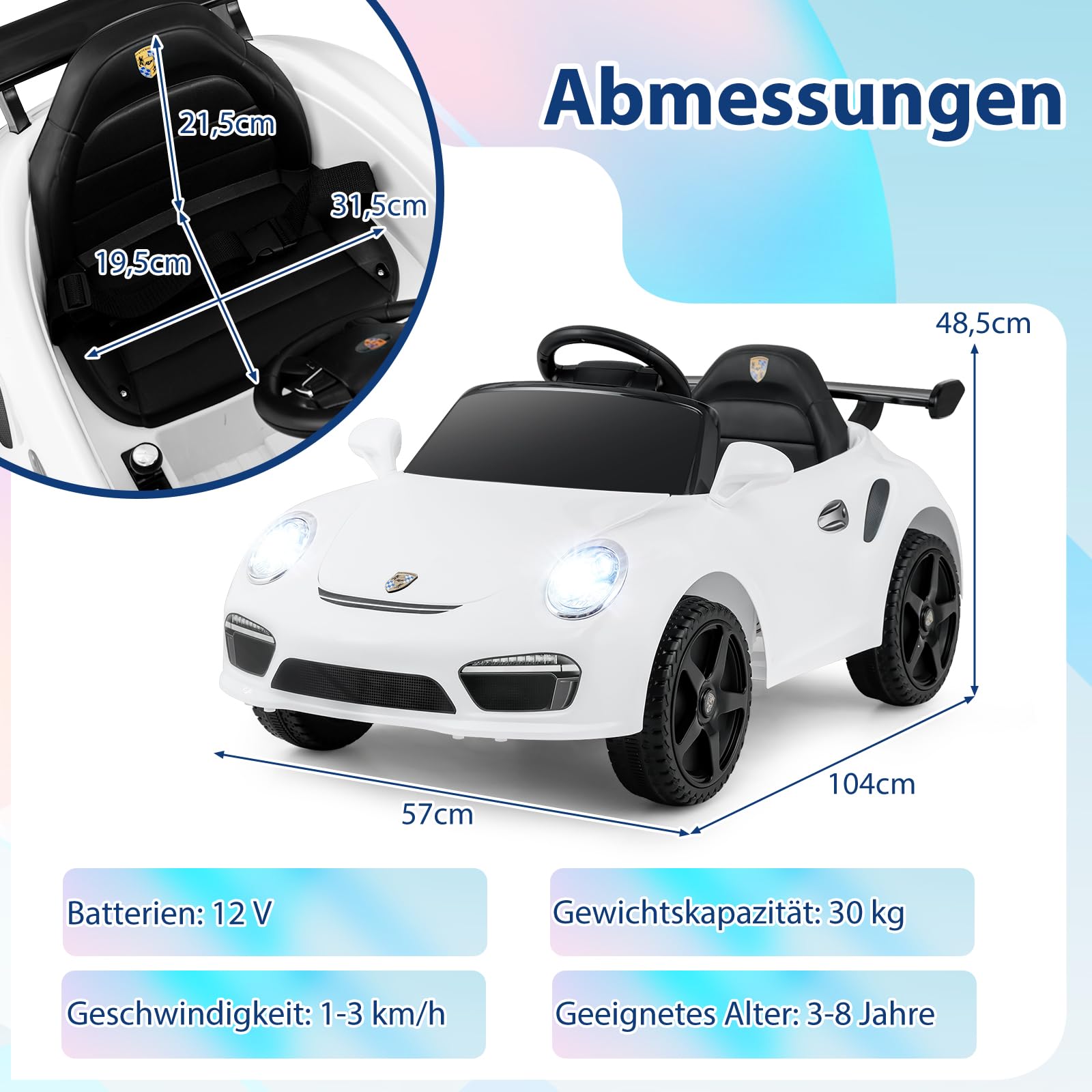 COSTWAY Kinder Elektroauto Porsche, 12V Kinderauto elektisch mit Fernbedienung, mit Musik, LED-Lichtern, Hupe & 2 Geschwindigkeiten, Elektrofahrzeug für Jungen und Mädchen ab 3 Jahren (Weiß)
