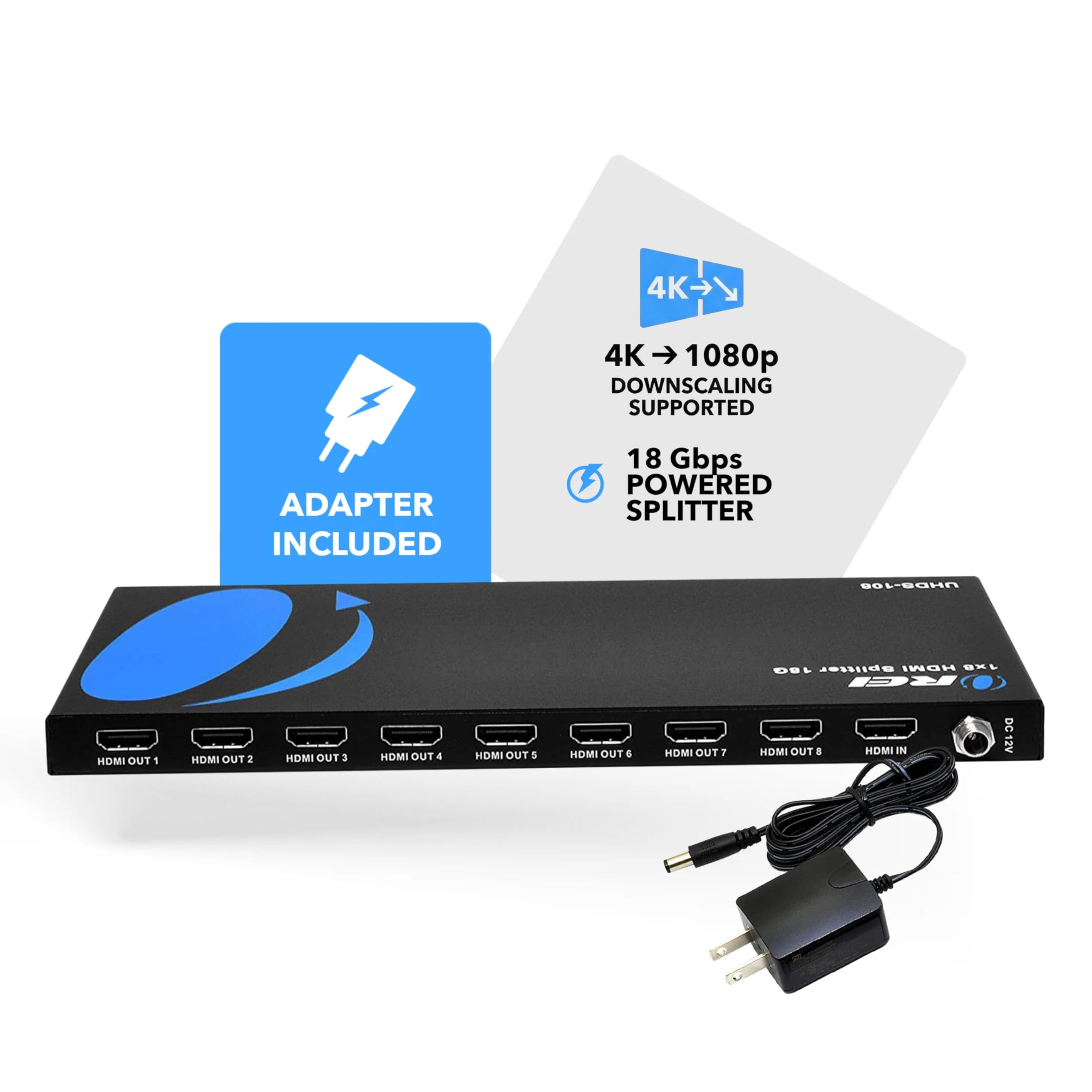 OREI Répartiteur HDMI 4K 1 Entrée 8 Sorties - 4:4:4 8 Bits, 2.0, HDCP 2.2, 18 Gbit/s, 60 Hz - Duplicateur/Distributeur UltraHD Haute Résolution UHD-PRO108