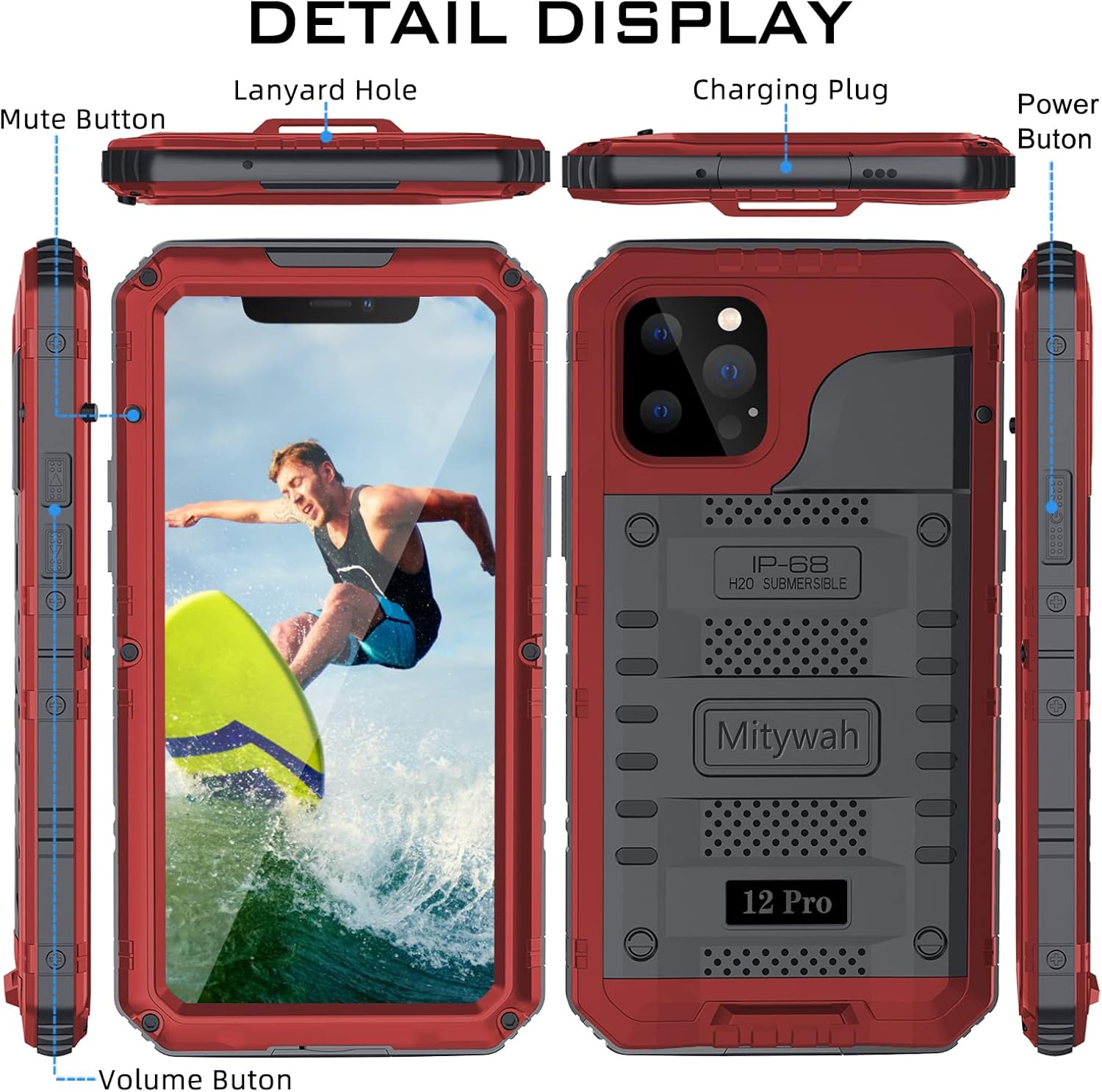 Mitywah Waterproof Case for iPhone 12 Pro, Heavy Duty Shockproof Case with Built-in Screen Protector, Full Body Underwater Protective Metal Case 6.1 inch, Red