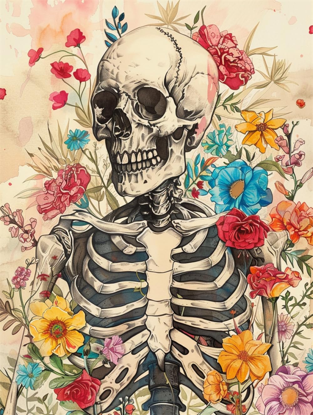 Rkflgew E 14Ct Skeleton And Flowers Stamped Cross Stitch Kit Colored Skull Diy Cross Stitch Patterns Kits Crafts Needlework Mbroidery Set For Hom Decor 30X40 Cm