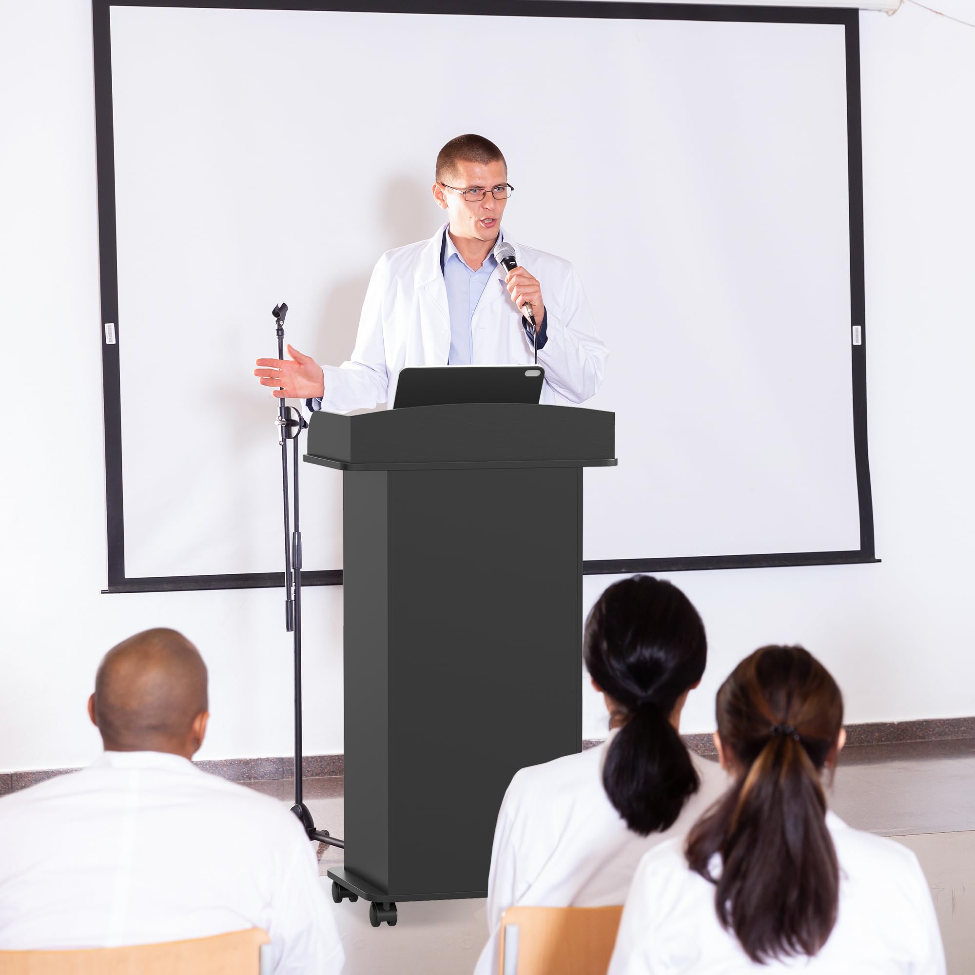 Nisorpa Stojące biurko na podium, 60 x 40 x 100 cm, mobilny pulpit mówniczy na kółkach, drewniane podium, do klasy, sali wykładowej, audytorium, sali konferencyjnej, kolor czarny