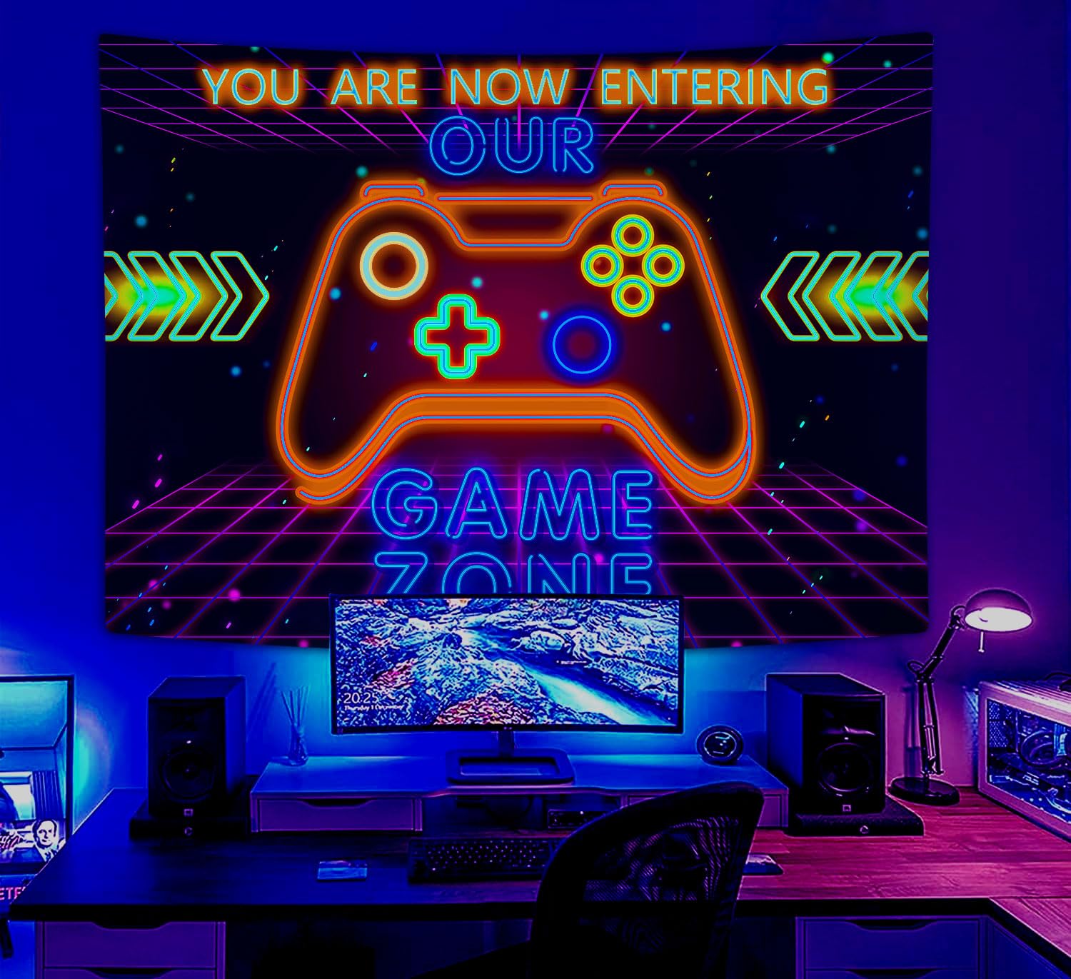 Lacoiime UV Neon Game Tapestry Wall Hangings, Cool Gaming Video Gamepad Hippie Tapestries, Funny Colorful Teen Boys Kids Room Bedroom Dorm Playroom Room Decor Theme Tapestry,90 X 70 IN