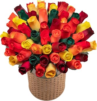 72 Assorted Fall Inspired Wooden Roses - Rustic Autumn Colors for Home Decor, Bouquets, Crafts, Gifts 13 Inch Hand Crafted Forever Lasting Flowers - Autumnal Harvest Color Collection