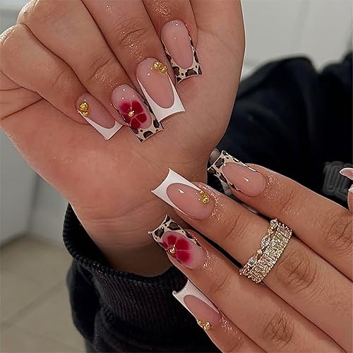 Miniatura 75 de IMSOHOT Uñas postizas largas a presión, uñas postizas cuadradas con pegamento brillante, diseño de mariposa y diamantes de imitación, uñas postizas