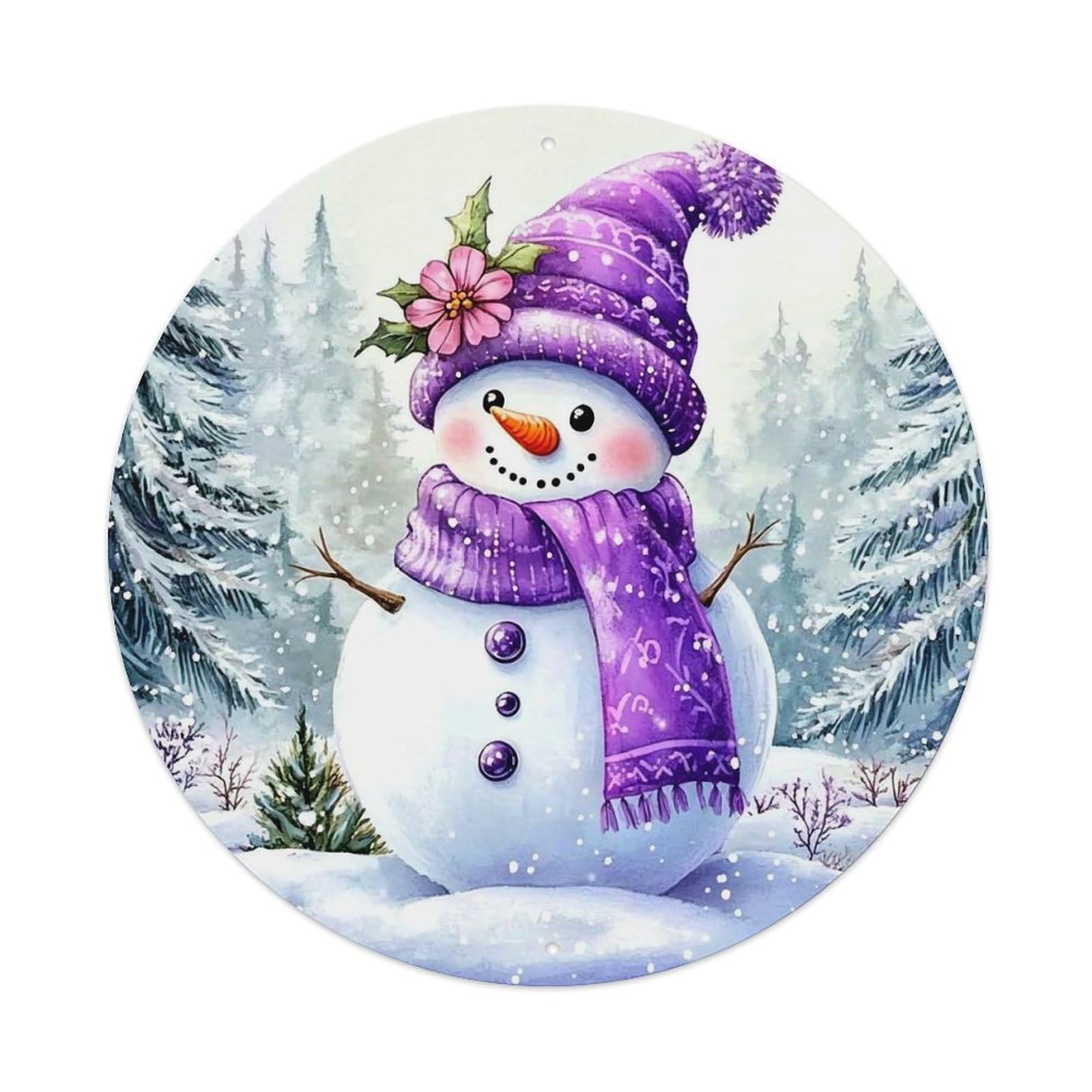 Snowman Winter Forest Purple Flower Retro Metal Sign Round Tin Sign, Vintage Decor Art Poster for Bar, Home, Man Cave, Kitchen, Laundry Room Gift 8x8Inch