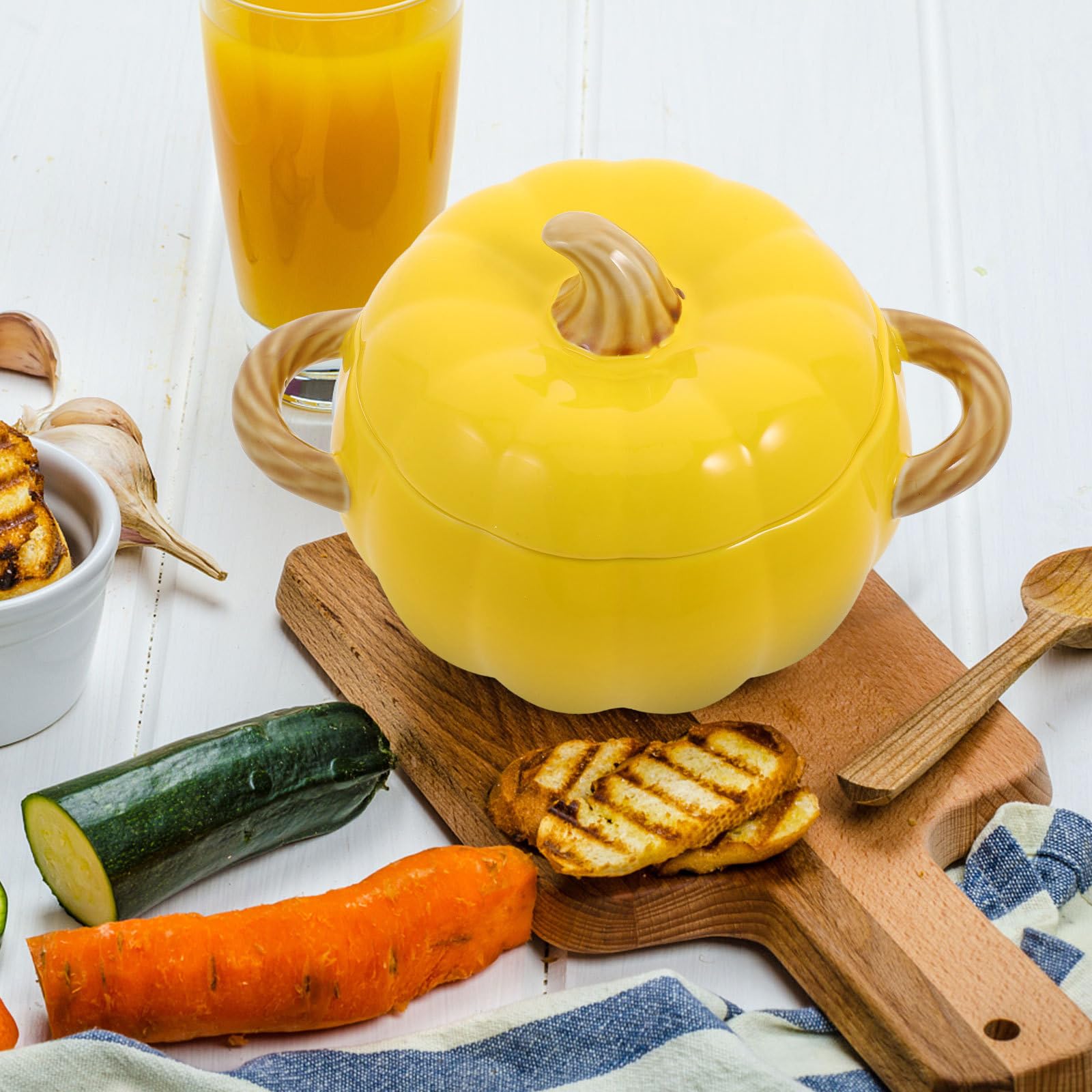 Cabilock Tazón de Sopa de Cerámica con Forma de Calabaza de 1500ml, con Tapa y Asas Dobles, Reutilizable y Conveniente para Uso en Casa o Restaurante