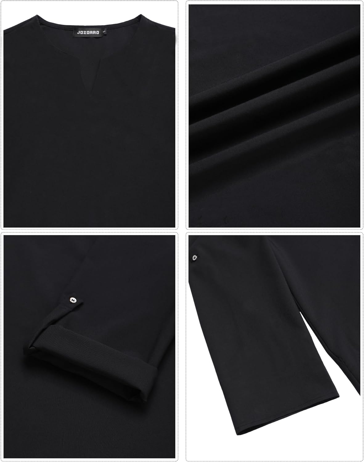 JoZorro Mens Polyester Linen V Neck Henley Shirt Long Sleeve Caftan Handmade Tunic Embroidered Casual Beach T Shirts - Image 4