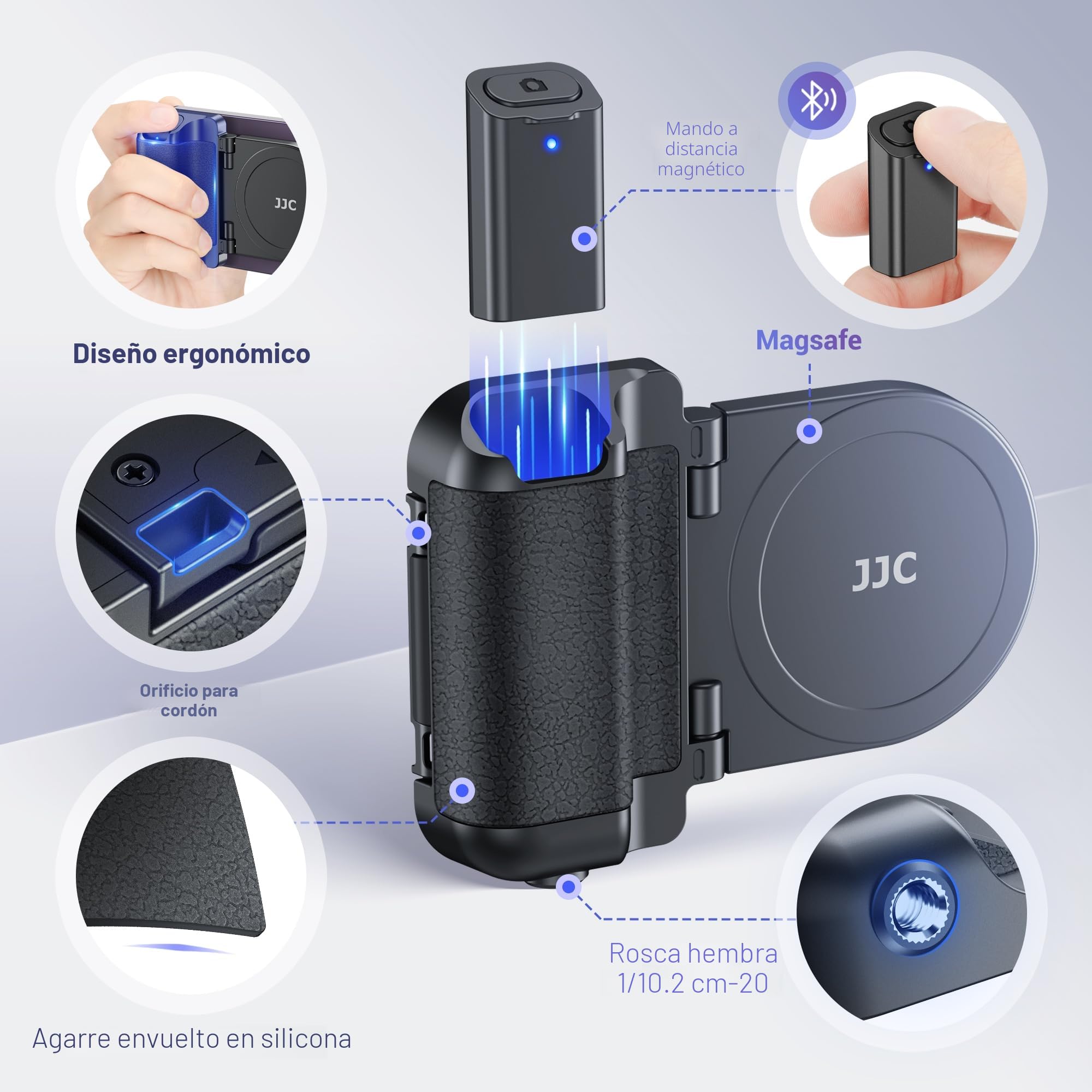 JJC Magsafe - Mango magnético para teléfono móvil con mando a distancia Bluetooth para iPhone Air 17, 16, 15, 14, 13 y Android, soporte de mesa y adaptador de trípode, color negro