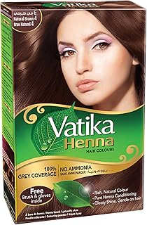 Dabur Henna Hair Color - Natural Brown, Henna Hair Dye and Conditioner, 0% Ammonia, 100% Grey Coverage, 6 Sachets X 10g