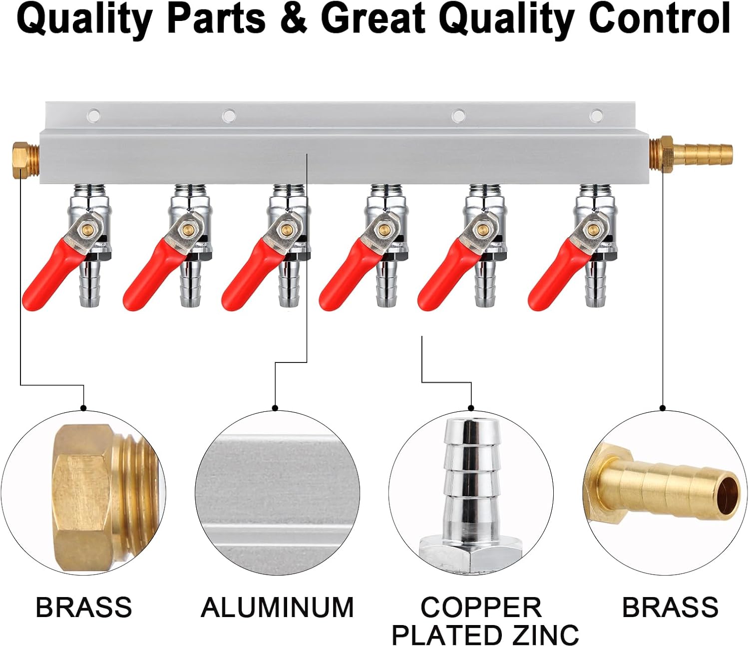 Gas Manifold, CO2 Gas Distributor, 5/16'' Barb Fitting Beer Kegerator Splitter, 6-Way Air Distributor with Integrated Check Valves & Hose Clamps