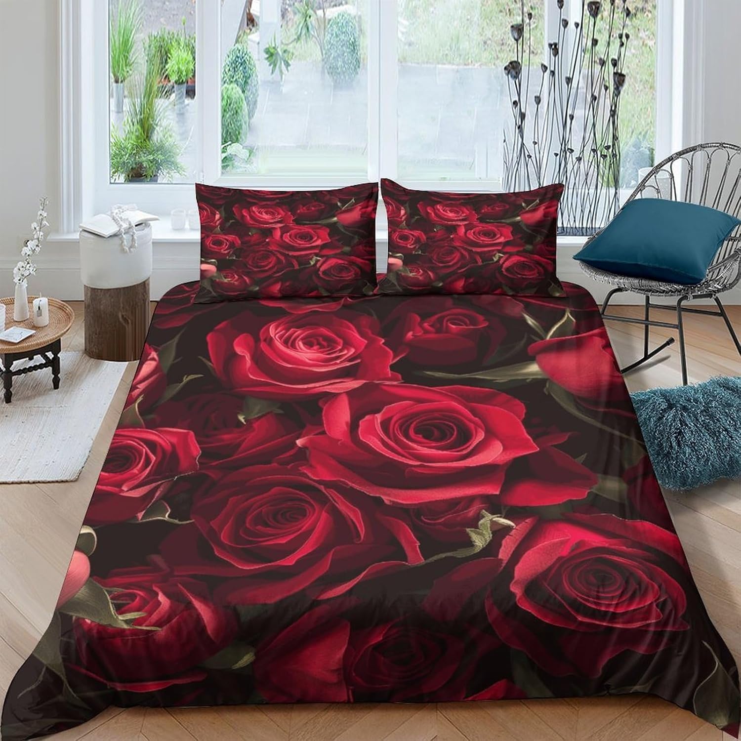 Housse de couette fleur rose 135x200 avec 2 taies d'oreiller microfibre parure de lit 3 pièces