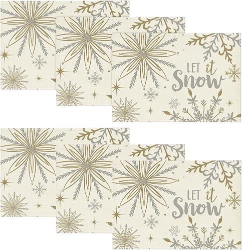 Miniatura 16 de Artoid Mode Copos de nieve beige Déjalo nevar, juego de 6 manteles individuales de invierno, 14 pulgadas, manteles individuales redondos de