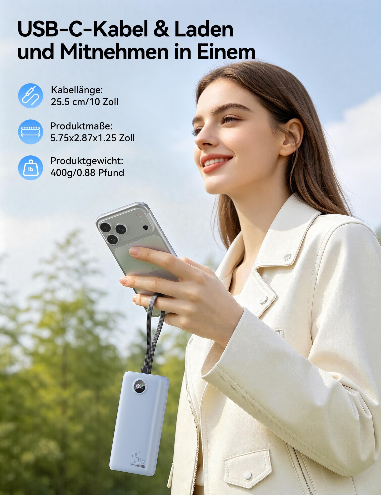 Power Bank 20000mAh 45W Externe Handyakkus Schnellladen mit USB-C Kabel
