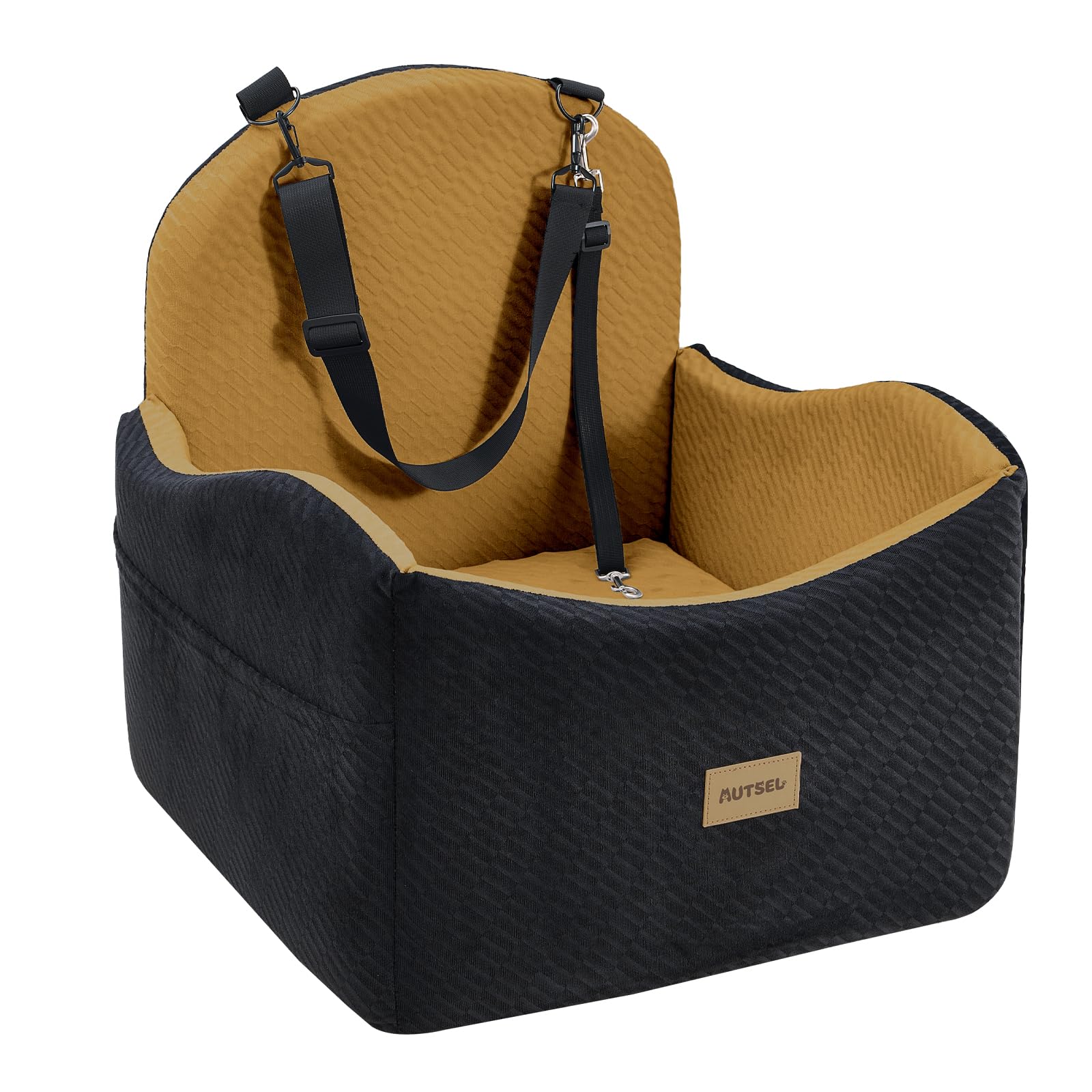 Autsel Dog Car Seat for Medium & Small Dogs – Waterproof & Washable Booster Seat with Safety Belt, Storage Pockets, Non-Slip Dog Bed for Car, Ideal for Back Seat & Front Passenger, Black-Brown