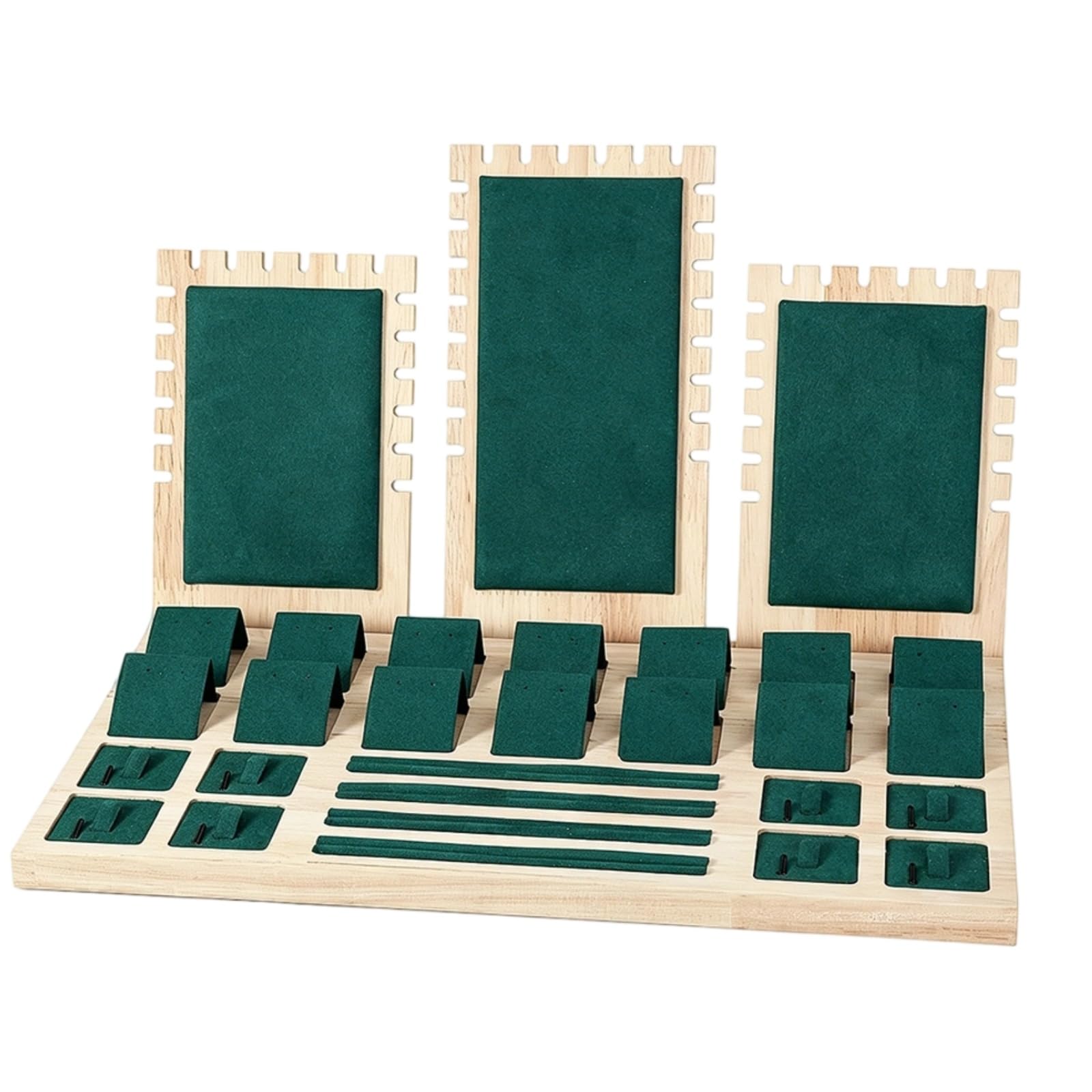 TISHITA Soporte para Joyería Stand de Mostrador Organizador con Base Rectangular y Respaldo en Secciones Barras Estrechas y Paneles Rectangulares Madera, Dark Green, SET Stand