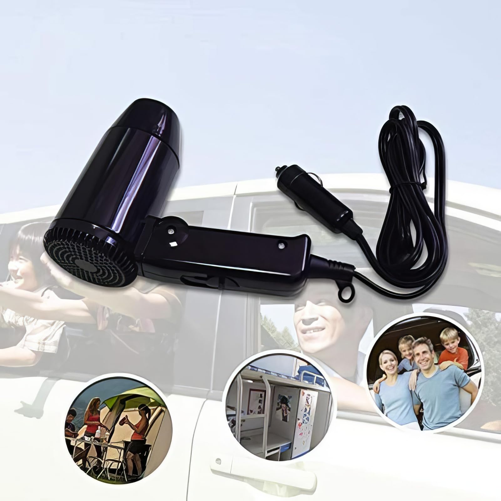Sèche-cheveux pliant portatif chaud et froid 12V，sèche-cheveux de voyage automatique séchage rapide, dégivreur de fenêtre pour voyage de camping
