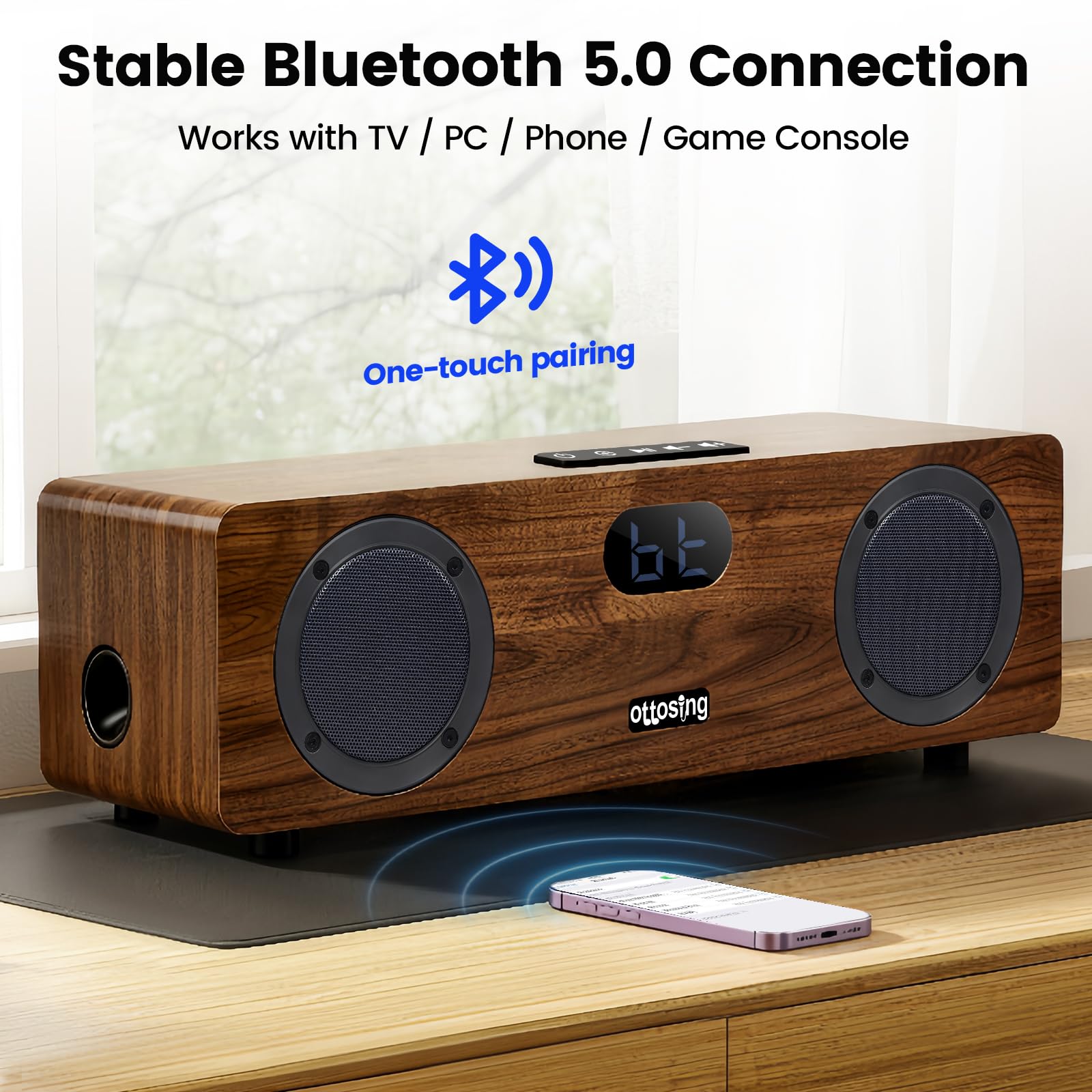 Altoparlante Bluetooth 5.0 a 2.1 canali, doppio suono potente da 15 W + subwoofer da 30 W, ottico/coassiale/HDMI ARC/AUX/USB, DSP Tuning sistema audio in legno per TV/feste/karaoke (CT-400-21