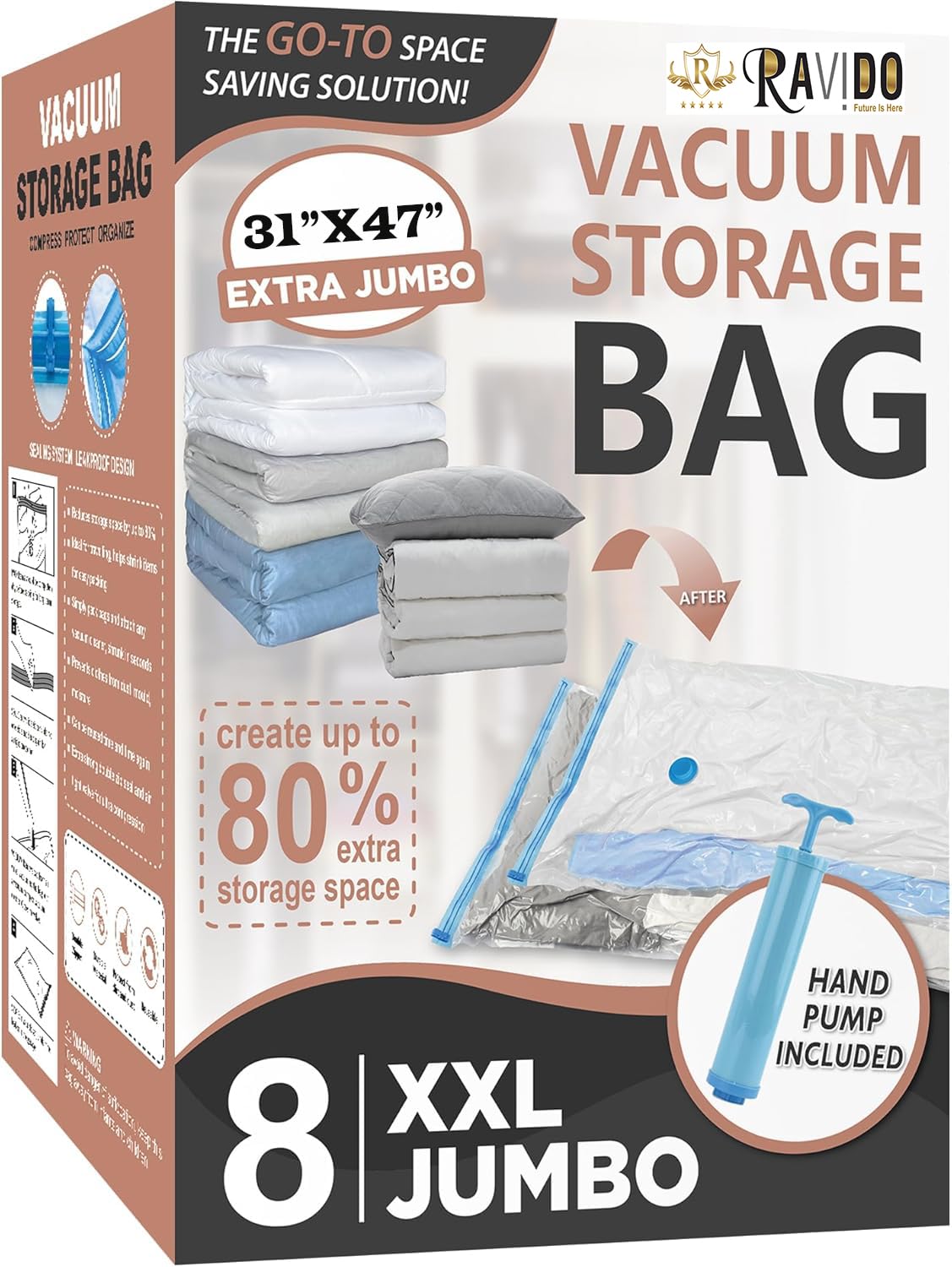 RAVIDO XXL Jumbo Vacuum Storage Bags, Extra Large Vacuum Seal Bags for Comforters, Bedding, Blanket Storage, Giant Space Saver Bags for Huge Stuffed Toy(47x31 in) (8XXL)